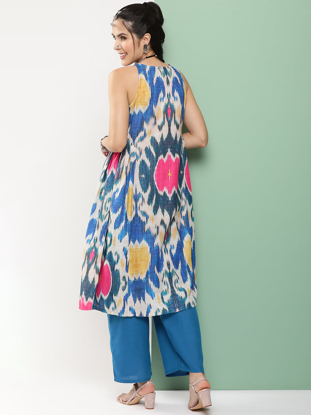 Women's Multi-Colour Ikat Print A-Line Calf Length Kurta With Blue Solid Palazzos - Bhama Couture