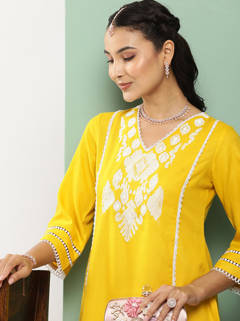 Women's Mustard Ikat Embroidered Kurta With Mustard Solid Palazzo