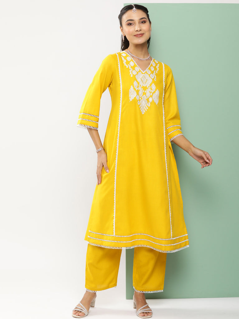 Women's Mustard Ikat Embroidered Kurta With Mustard Solid Palazzo