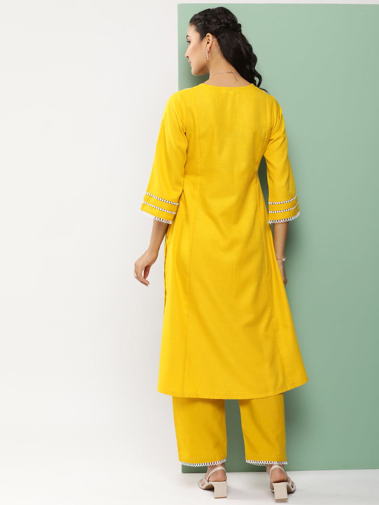 Women's Mustard Ikat Embroidered Kurta With Mustard Solid Palazzo