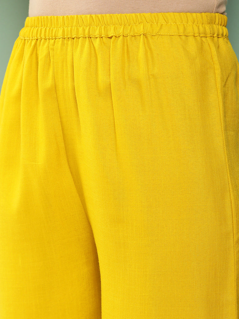 Women's Mustard Ikat Embroidered Kurta With Mustard Solid Palazzo