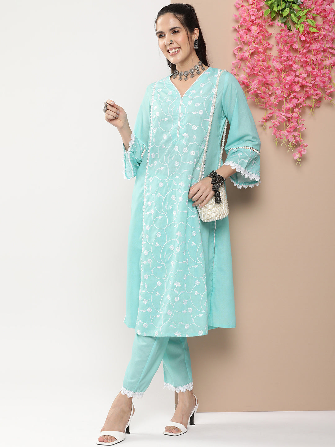 Women's Blue Embroidered Straight Kurta With Lace Details With Blue Solid Palazzos - Bhama Couture
