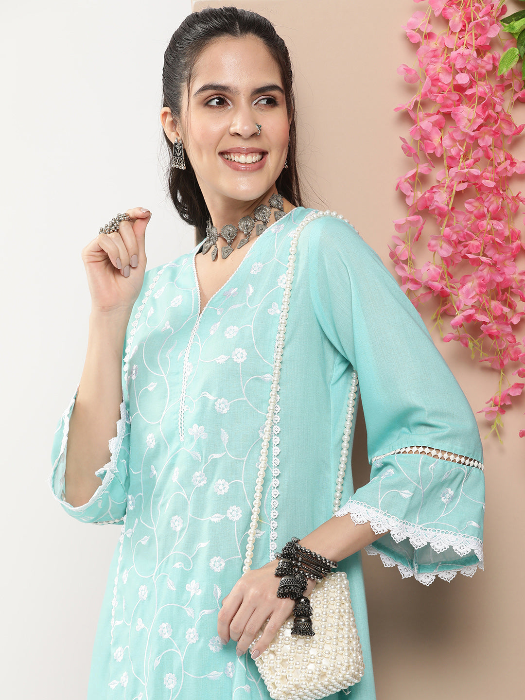 Women's Blue Embroidered Straight Kurta With Lace Details With Blue Solid Palazzos - Bhama Couture
