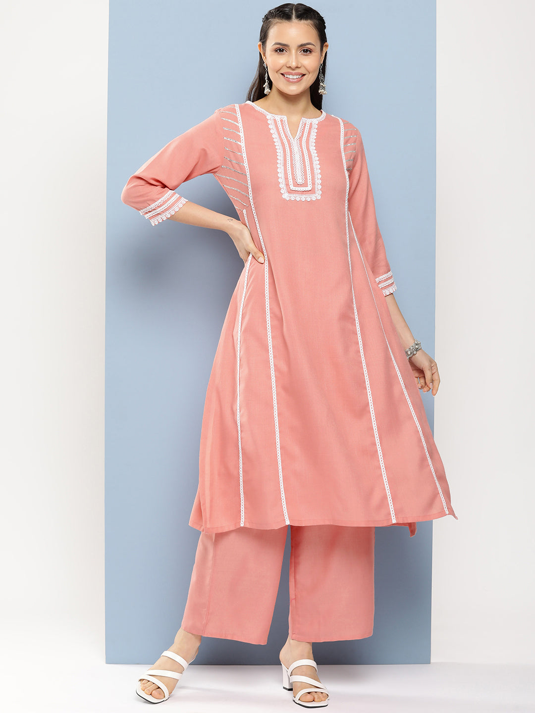 Women's Peach Solid Lace Details Kurta With Peach Solid Palazzo - Bhama Couture