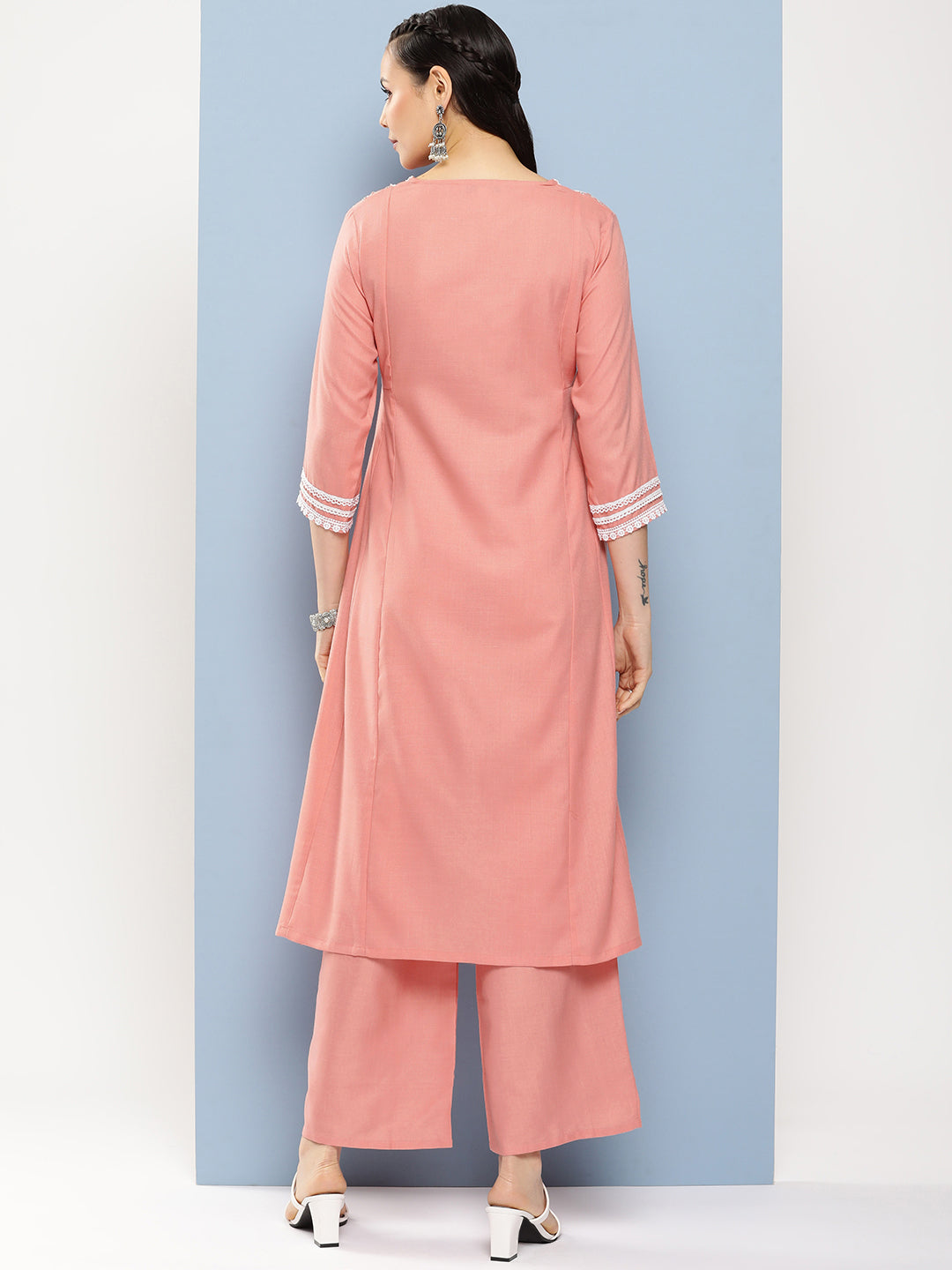 Women's Peach Solid Lace Details Kurta With Peach Solid Palazzo - Bhama Couture