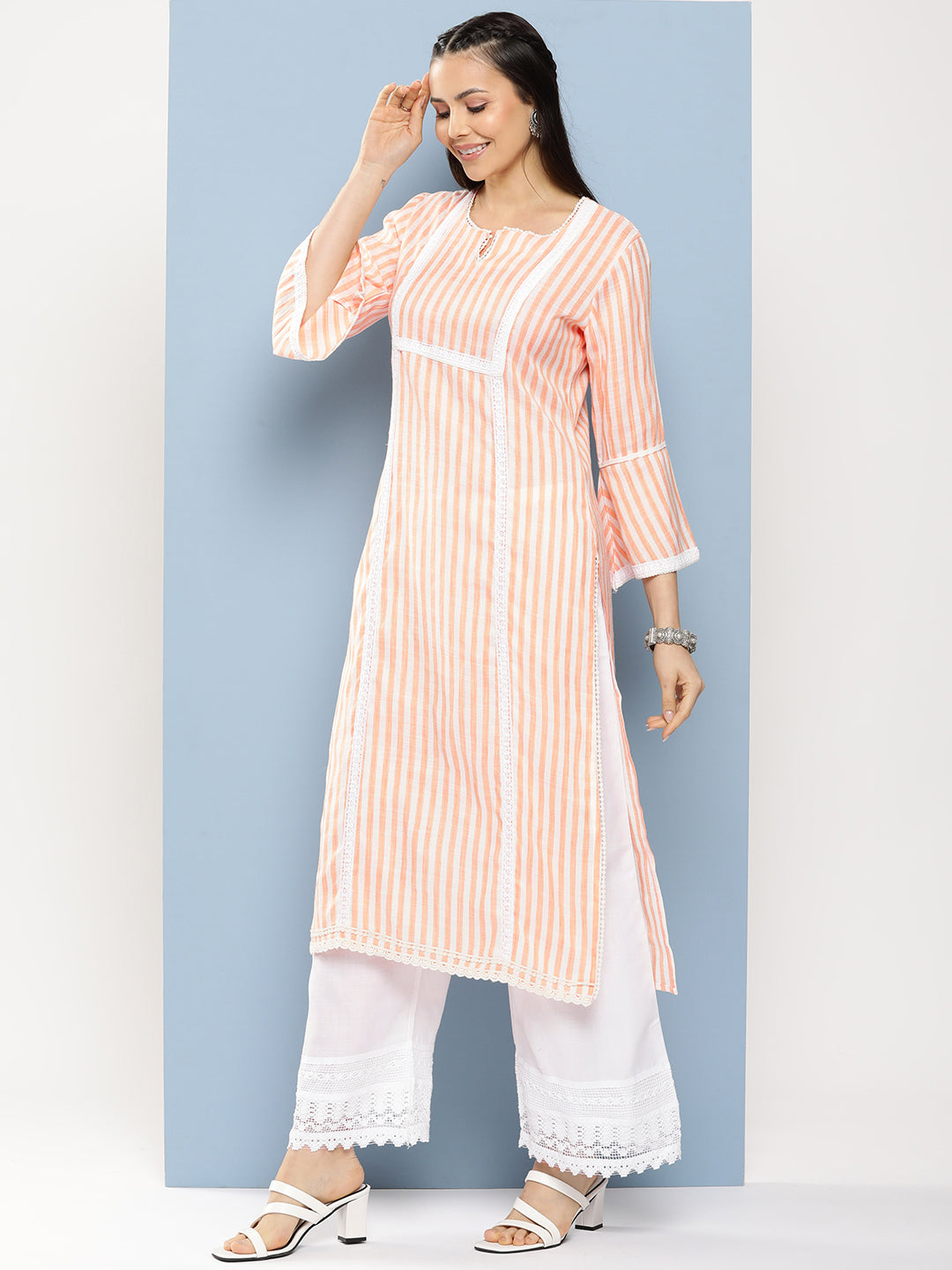 Women's Light Orange Lace Details Kurta With Off White Palazzo - Bhama Couture