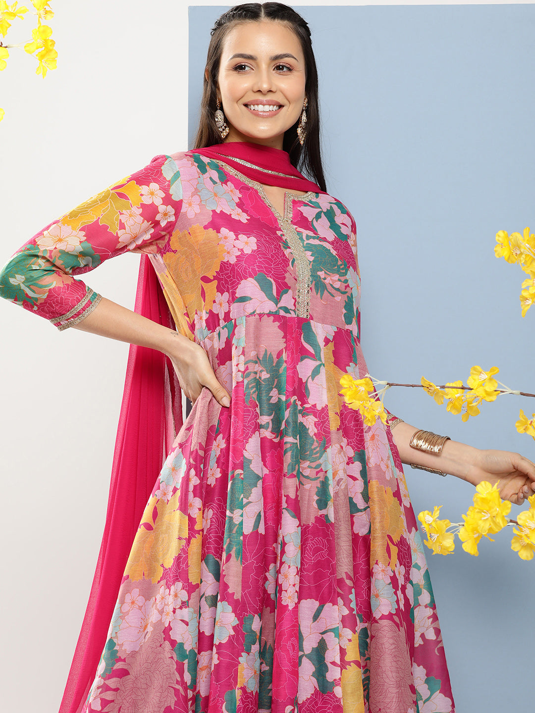 Women's Pink Floral Print A- Line Kurta With Lace Detailing & Pink Solid Palazzo With Lace Detailing - Bhama Couture