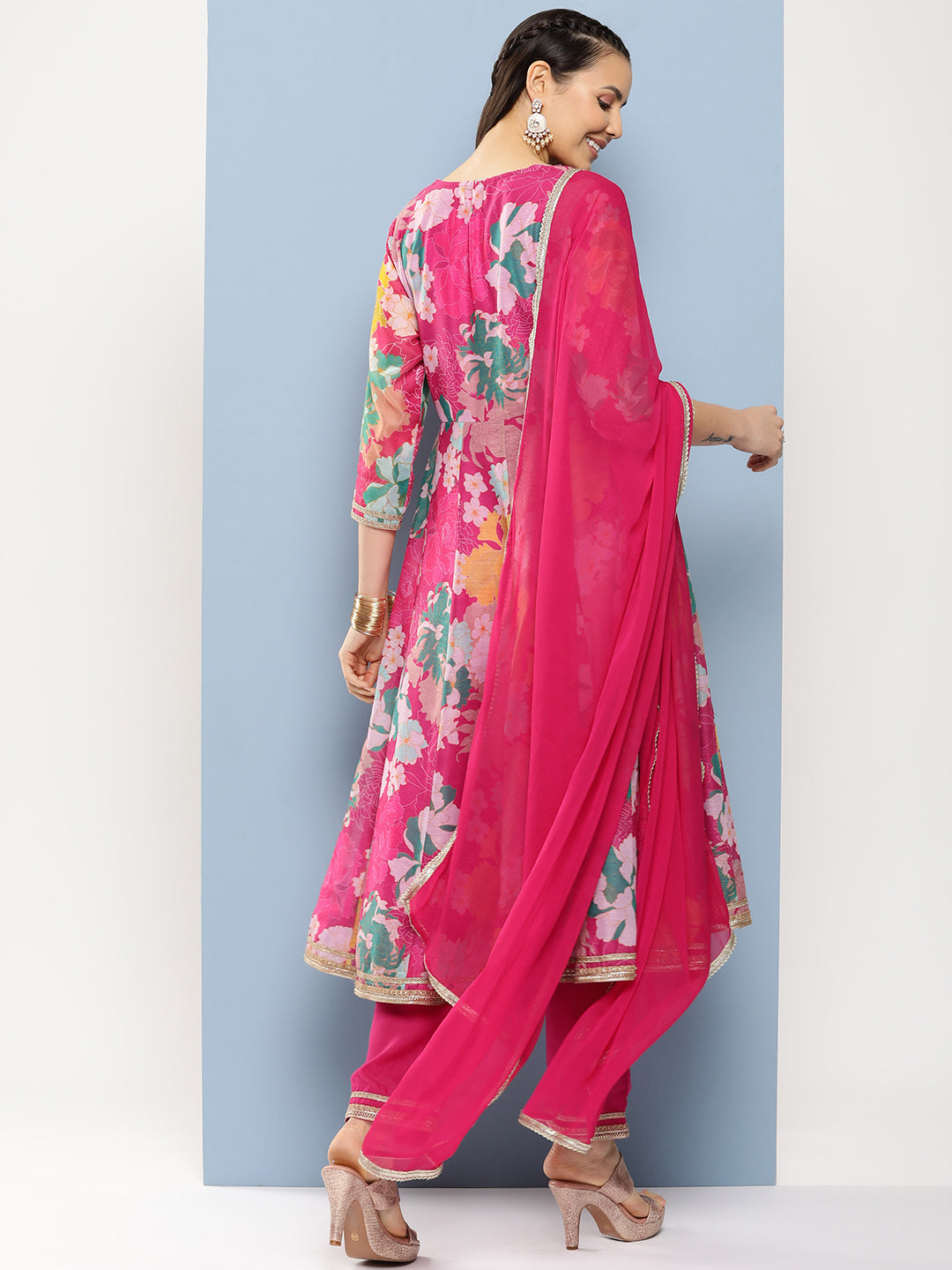 Women's Pink Floral Print A- Line Kurta With Lace Detailing & Pink Solid Palazzo With Lace Detailing - Bhama Couture