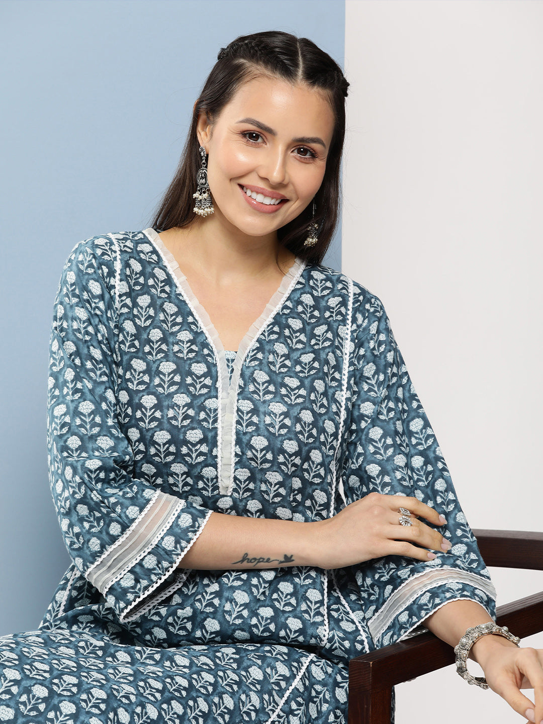 Women's Blue Floral Print A-Line Kurta With Lace Details & Blue Floral Print Palazzo - Bhama Couture