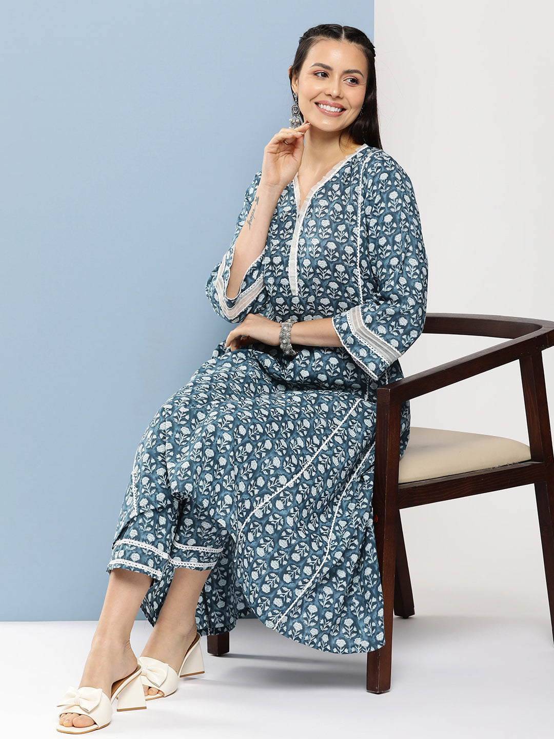 Women's Blue Floral Print A-Line Kurta With Lace Details & Blue Floral Print Palazzo - Bhama Couture