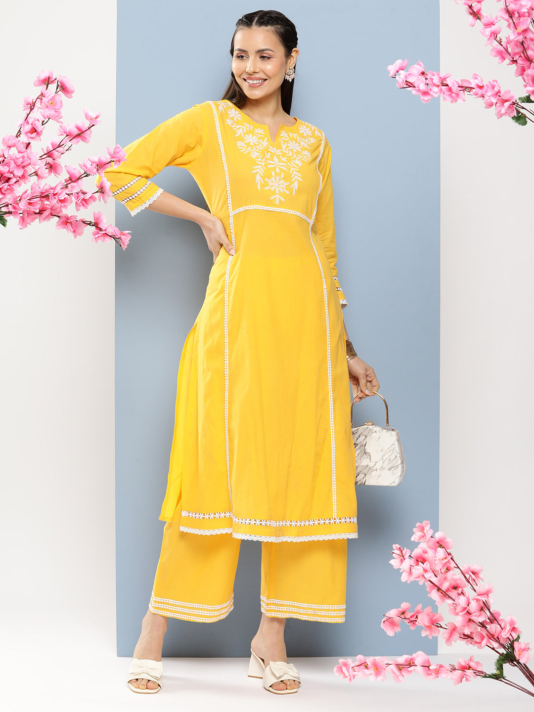 Women's Yellow Yoke Design Kurta With Lace Details & Yellow Solid Lace Details Palazzos - Bhama Couture