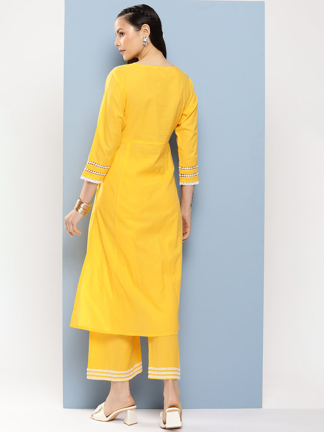 Women's Yellow Yoke Design Kurta With Lace Details & Yellow Solid Lace Details Palazzos - Bhama Couture
