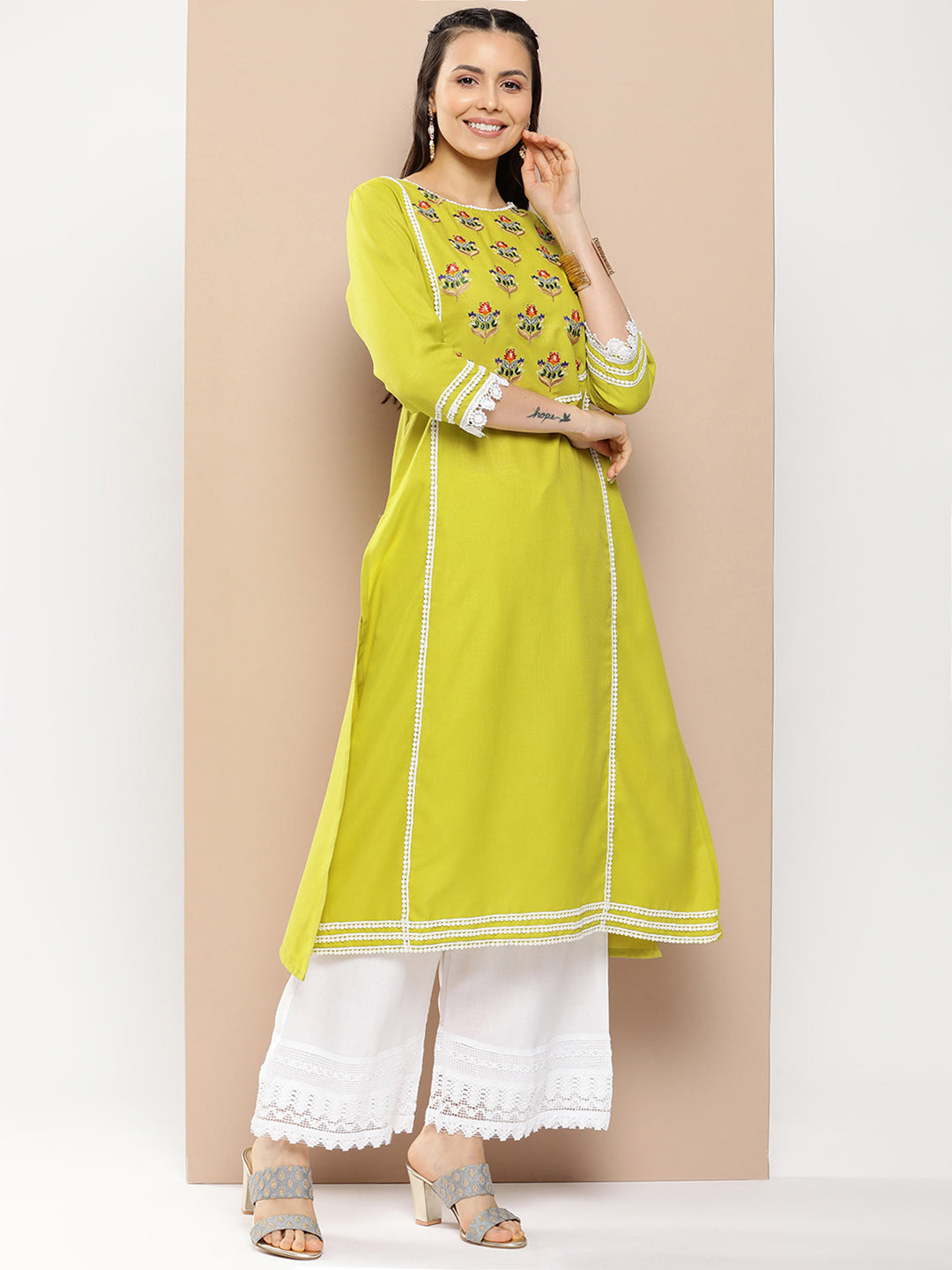 Women's Green And Red Yoke Design Kurta With Lace Details & Off White Palazzos - Bhama Couture