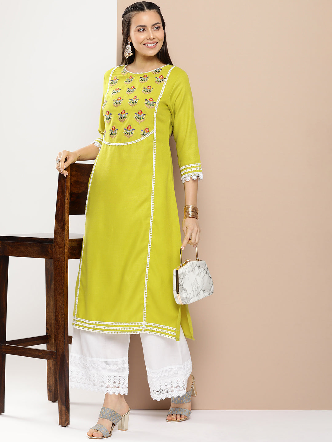Women's Green And Red Yoke Design Kurta With Lace Details & Off White Palazzos - Bhama Couture