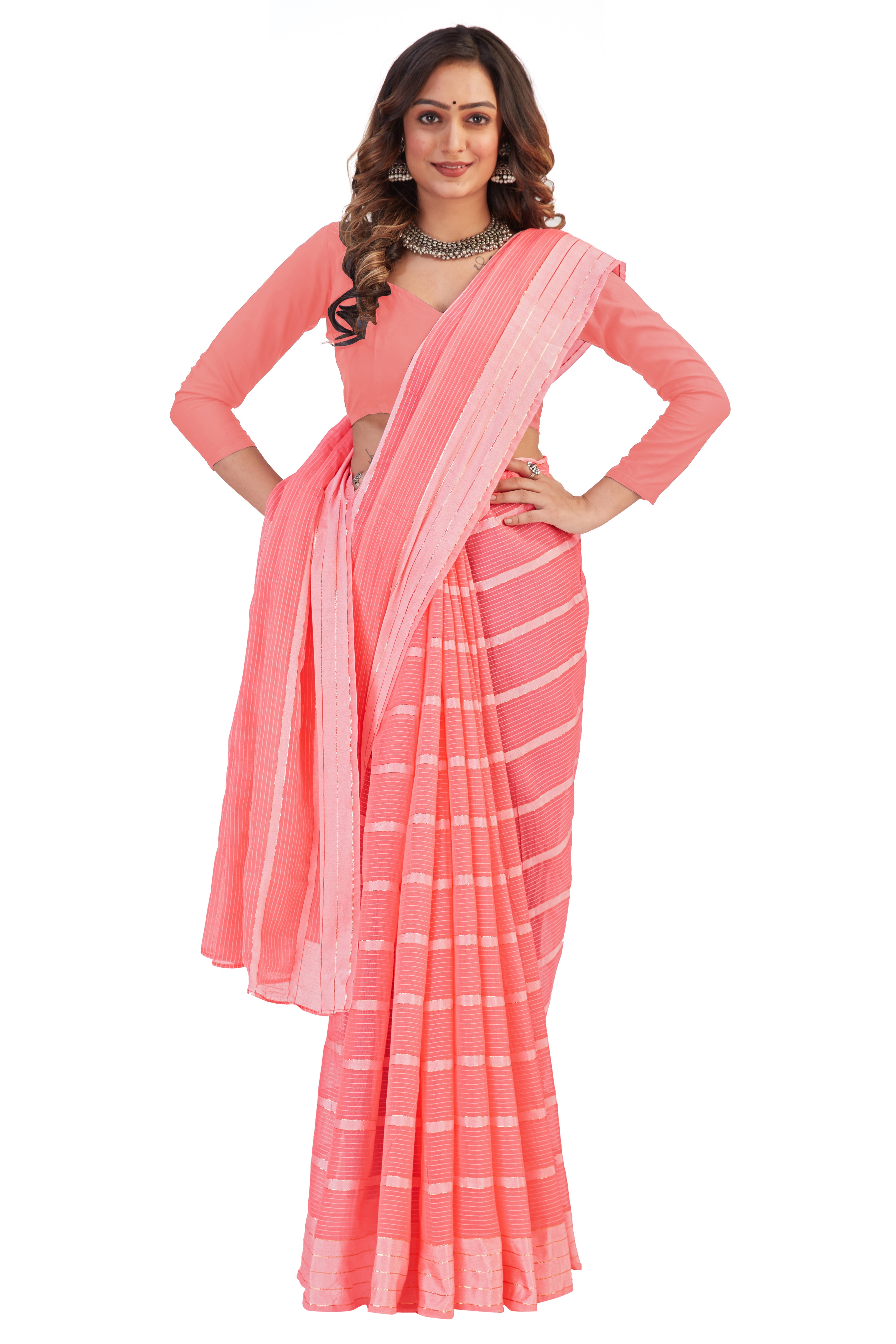 Women's self Woven striped Daily Wear Cotton Blend Sari With Blouse Piece (Baby Pink) - NIMIDHYA