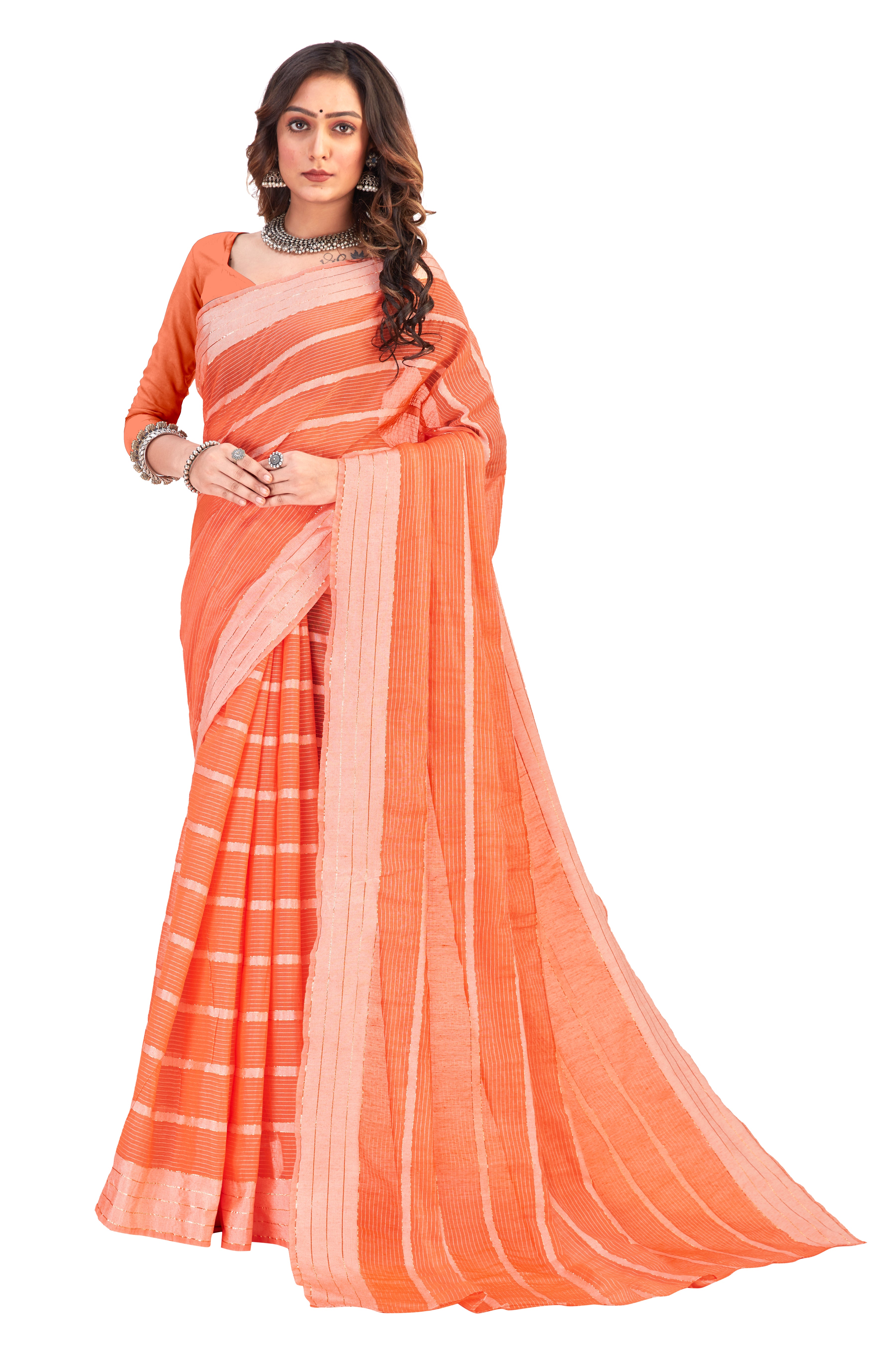 Women's self Woven striped Daily Wear Cotton Blend Sari With Blouse Piece (Orange) - NIMIDHYA