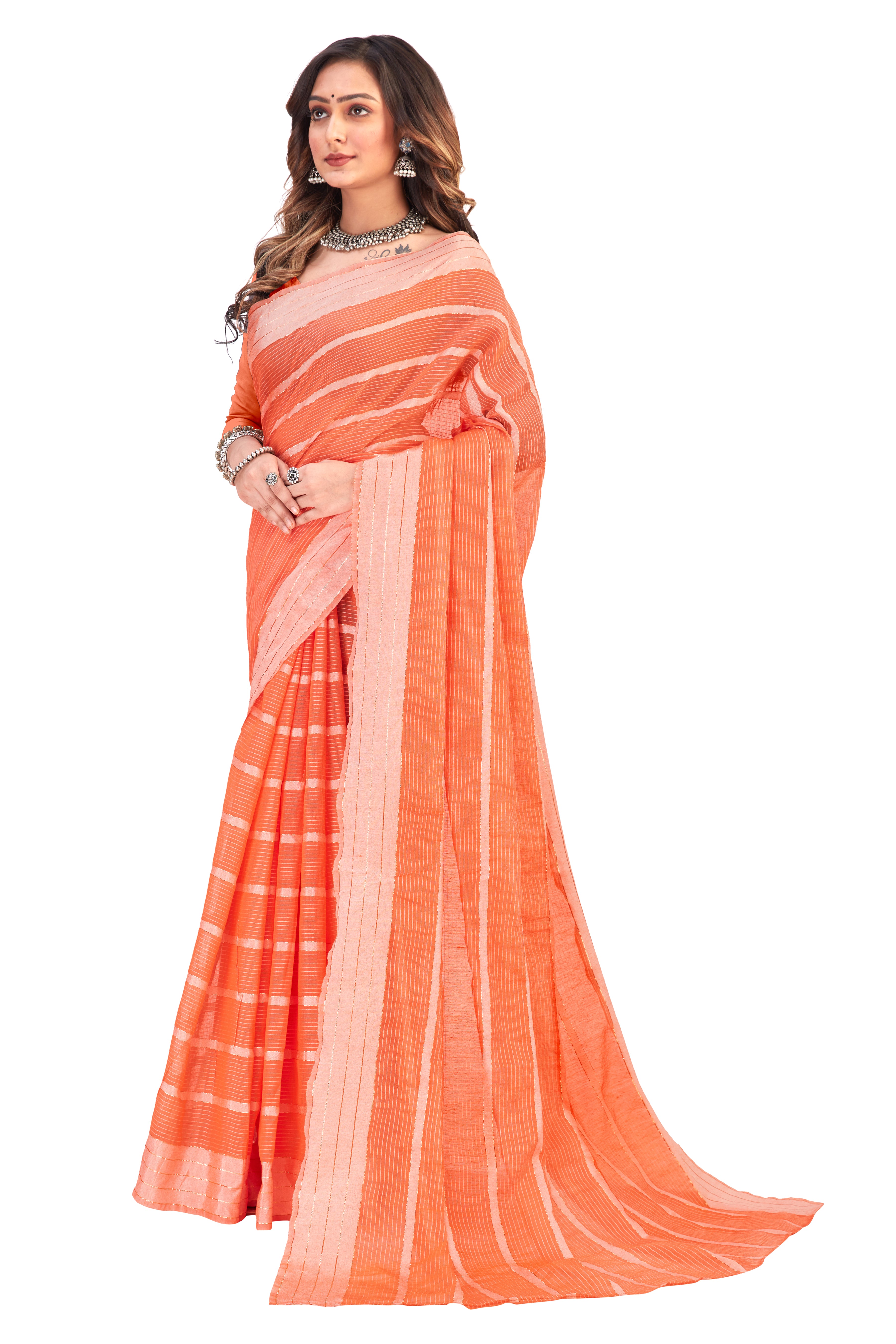 Women's self Woven striped Daily Wear Cotton Blend Sari With Blouse Piece (Orange) - NIMIDHYA