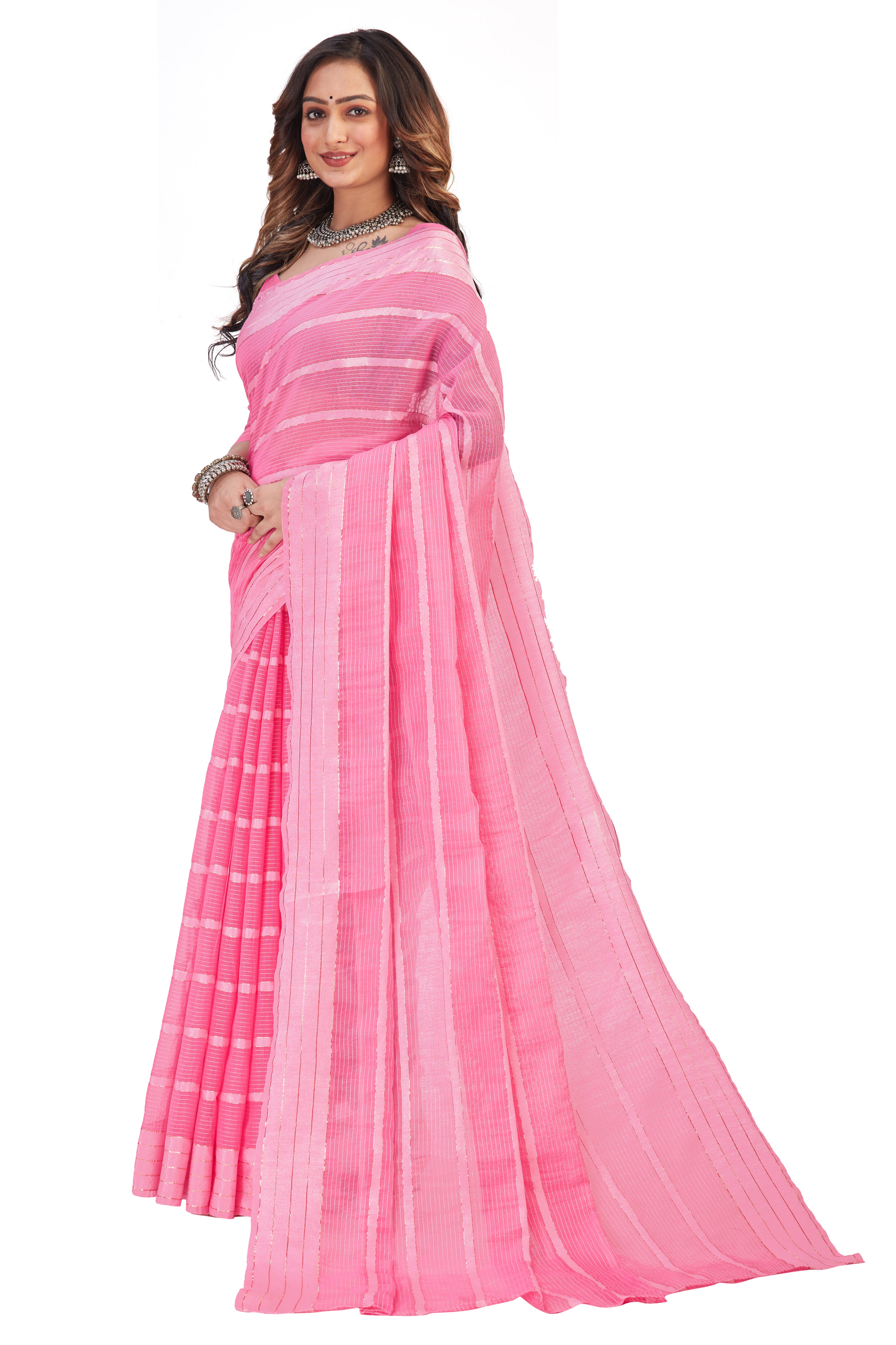 Women's self Woven striped Daily Wear Cotton Blend Sari With Blouse Piece (Pink) - NIMIDHYA