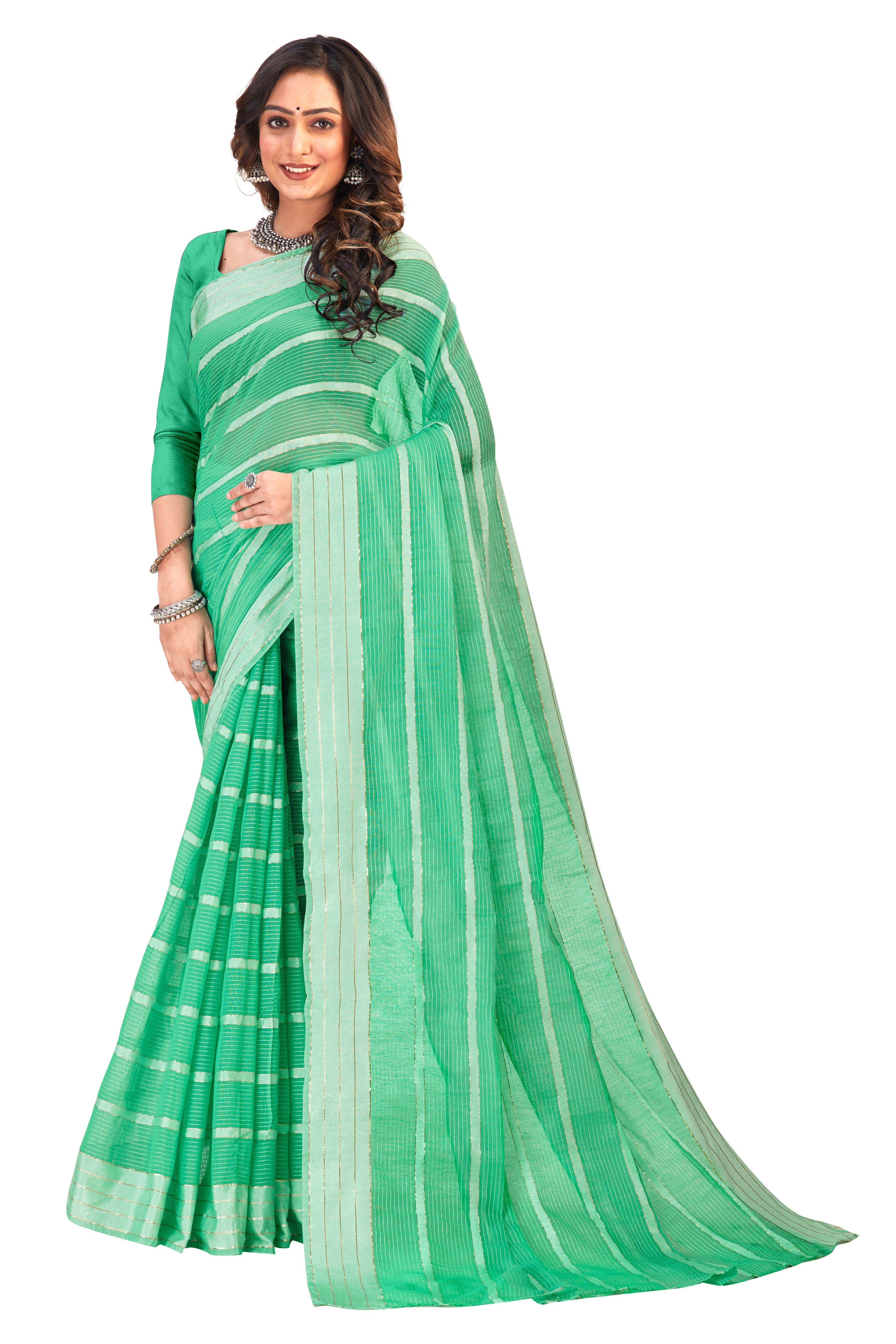 Women's self Woven striped Daily Wear Cotton Blend Sari With Blouse Piece (Rama) - NIMIDHYA