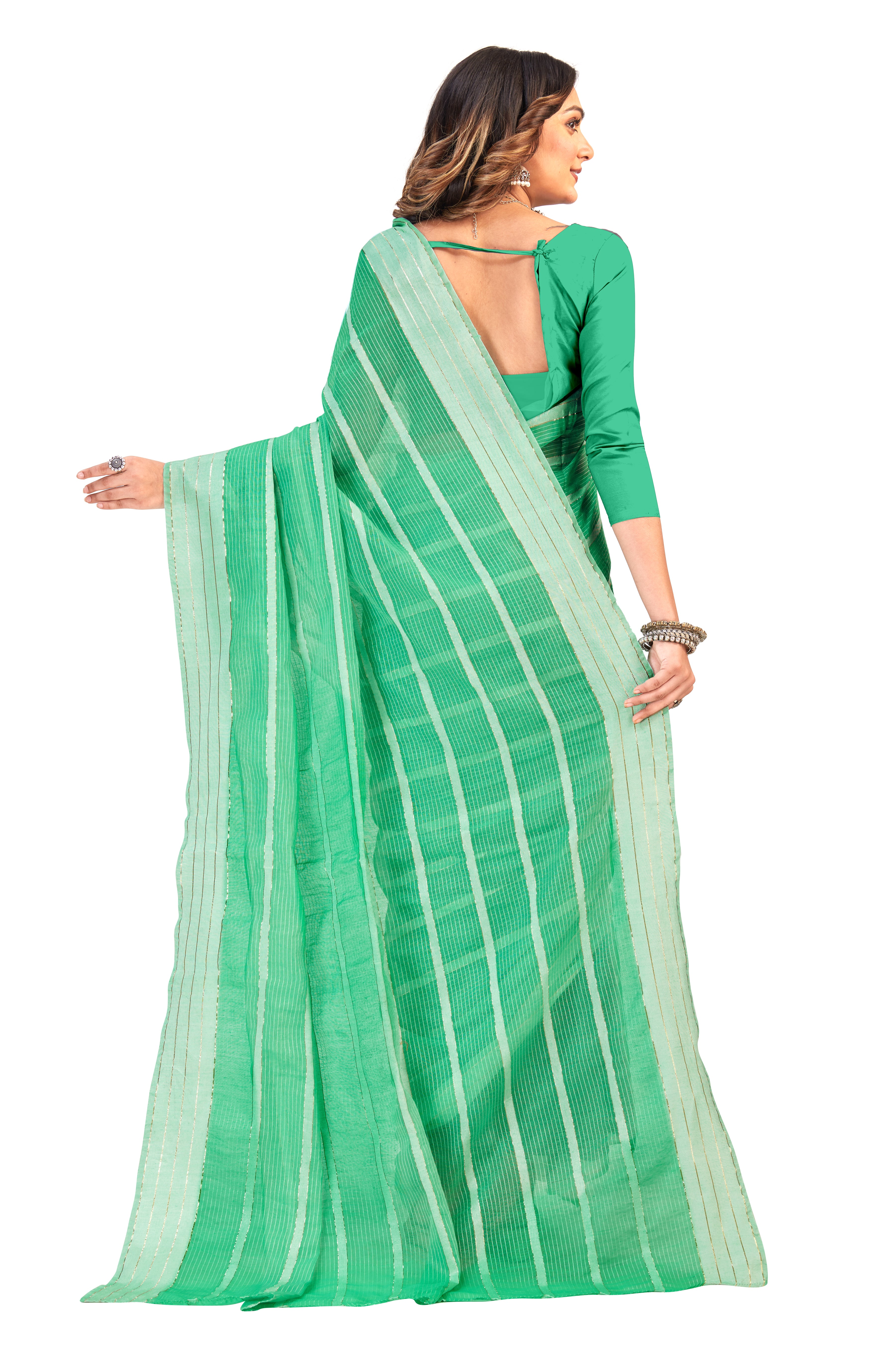 Women's self Woven striped Daily Wear Cotton Blend Sari With Blouse Piece (Rama) - NIMIDHYA