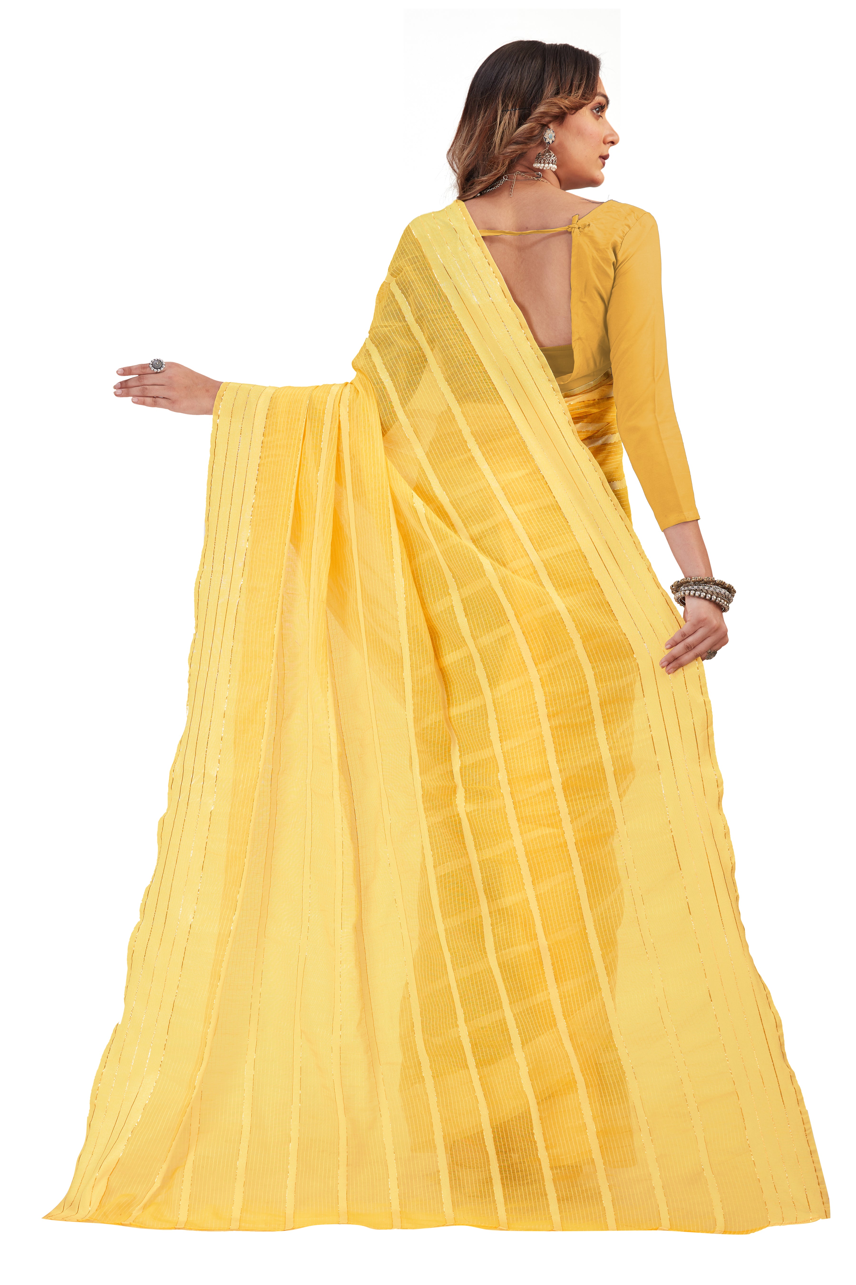 Women's self Woven striped Daily Wear Cotton Blend Sari With Blouse Piece (Yellow) - NIMIDHYA