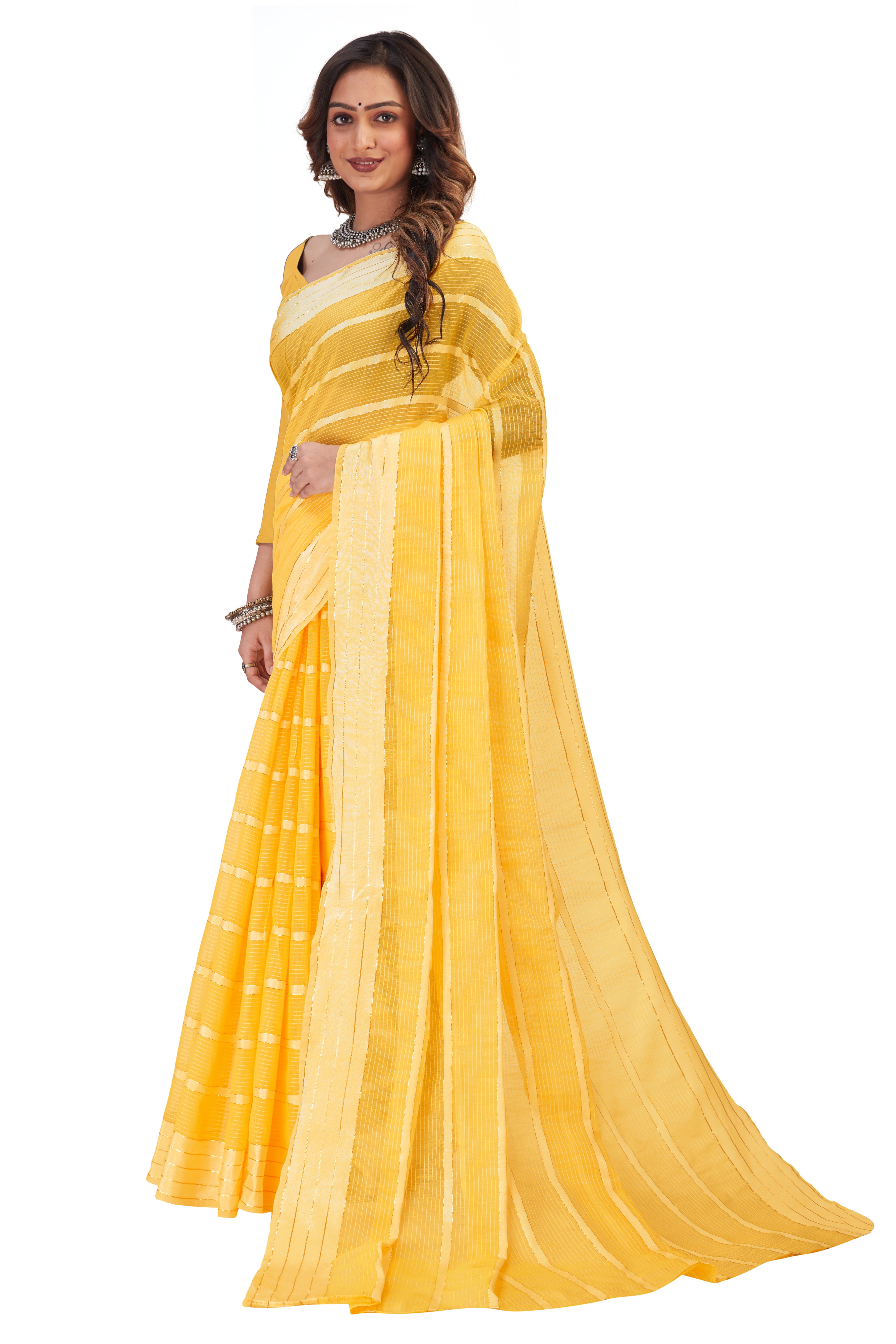 Women's self Woven striped Daily Wear Cotton Blend Sari With Blouse Piece (Yellow) - NIMIDHYA