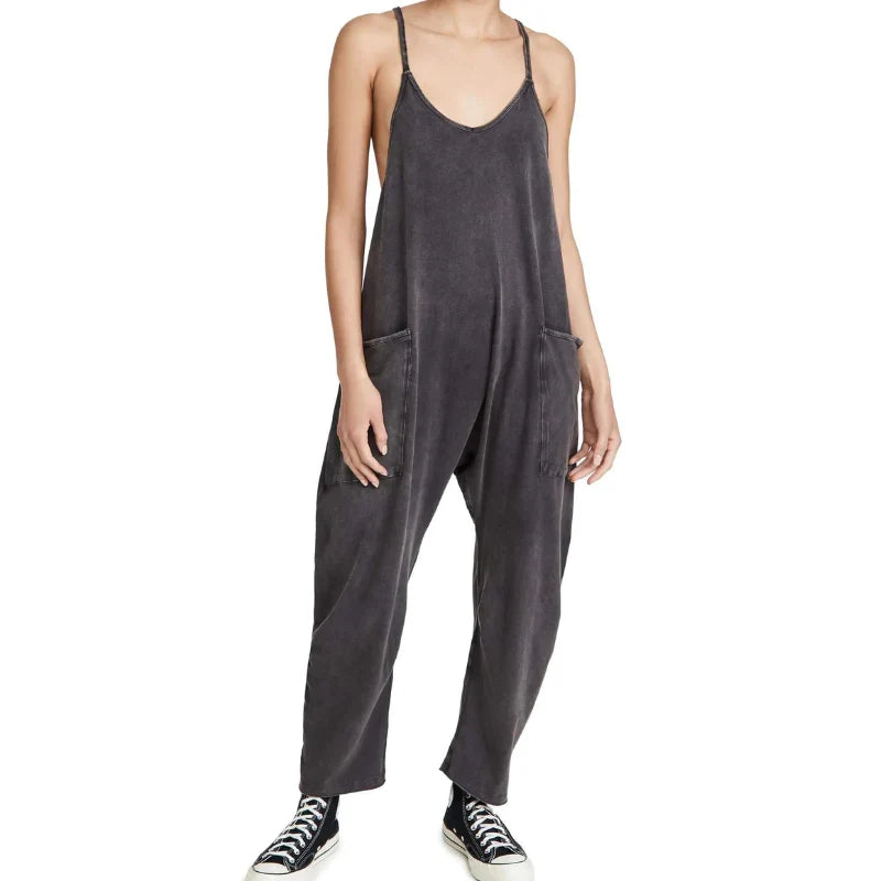 Women's Black Wide Leg Jumpsuit With Pockets