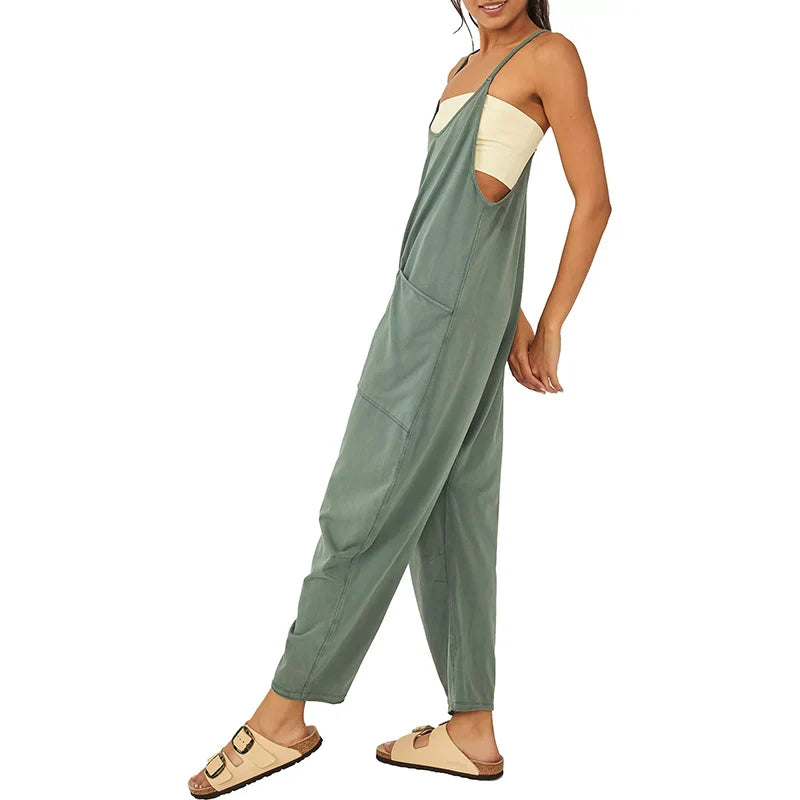 Women's Green Wide Leg Jumpsuit With Pockets