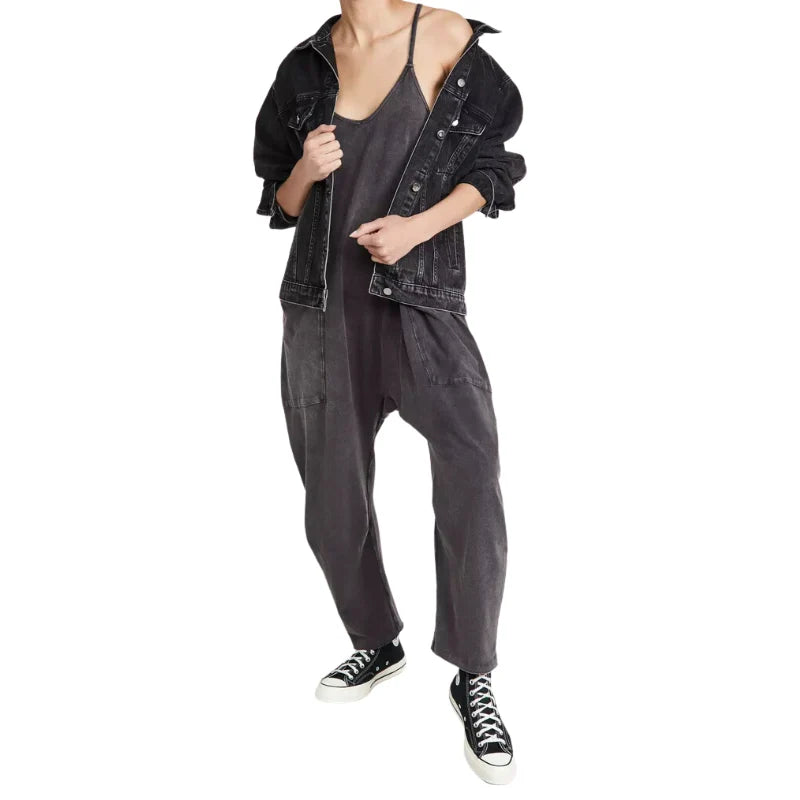 Women's Black Wide Leg Jumpsuit With Pockets