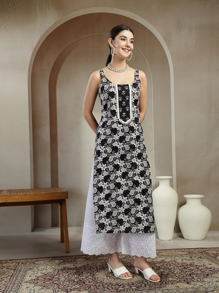 Women's Black Floral Printed Cotton Straight Kurta