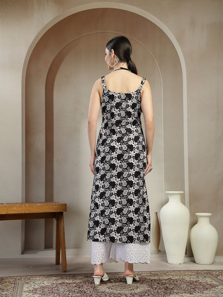 Women's Black Floral Printed Cotton Straight Kurta