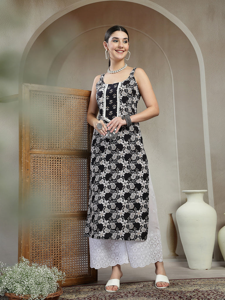 Women's Black Floral Printed Cotton Straight Kurta