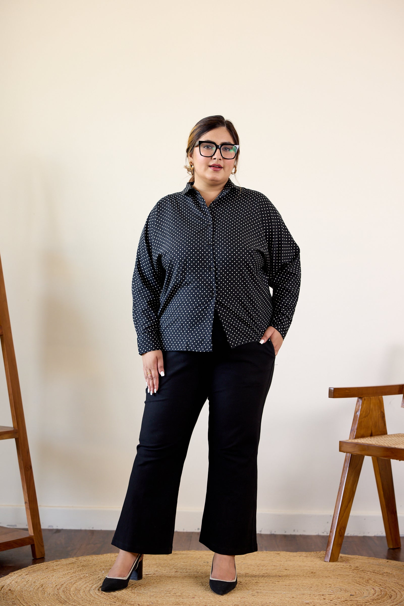 Women's Black And White Polka Dot Button-Down Shirt - Nangalia Ruchira
