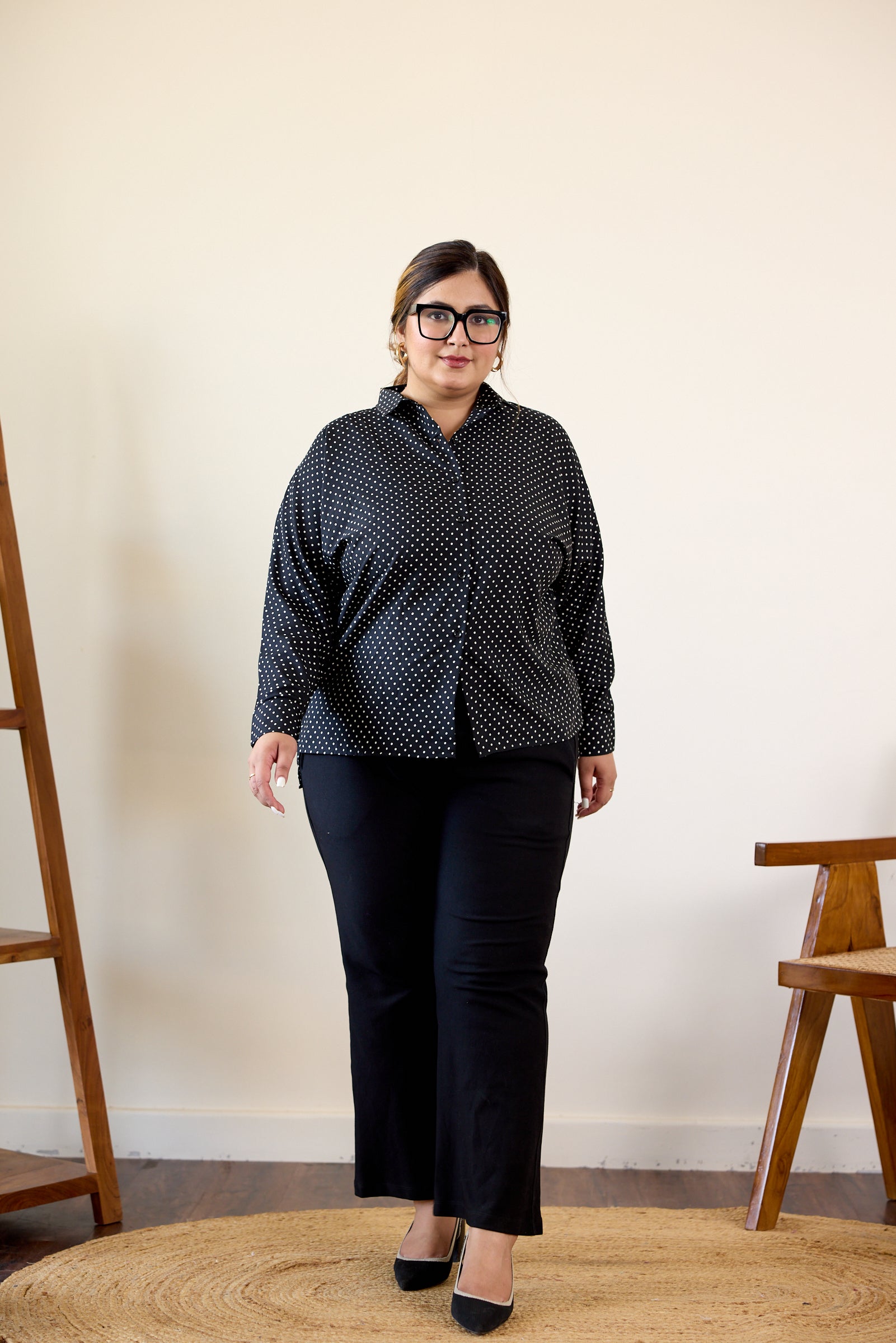 Women's Black And White Polka Dot Button-Down Shirt - Nangalia Ruchira