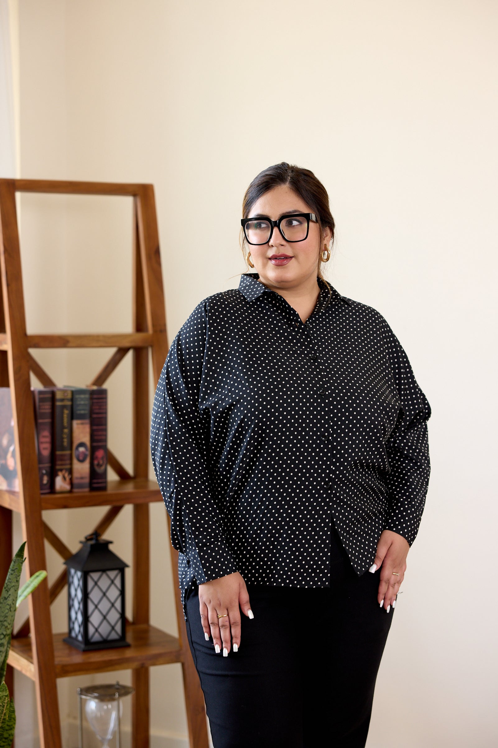 Women's Black And White Polka Dot Button-Down Shirt - Nangalia Ruchira