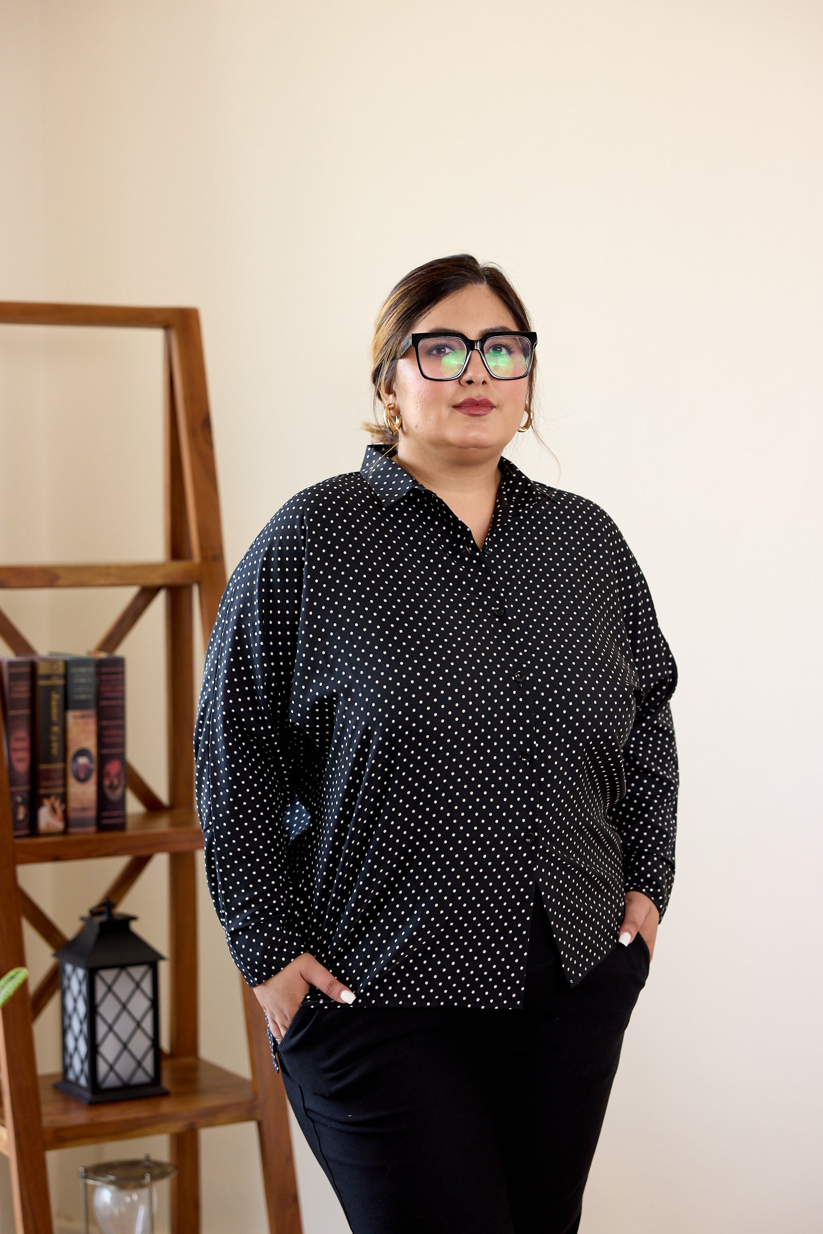 Women's Black And White Polka Dot Button-Down Shirt - Nangalia Ruchira