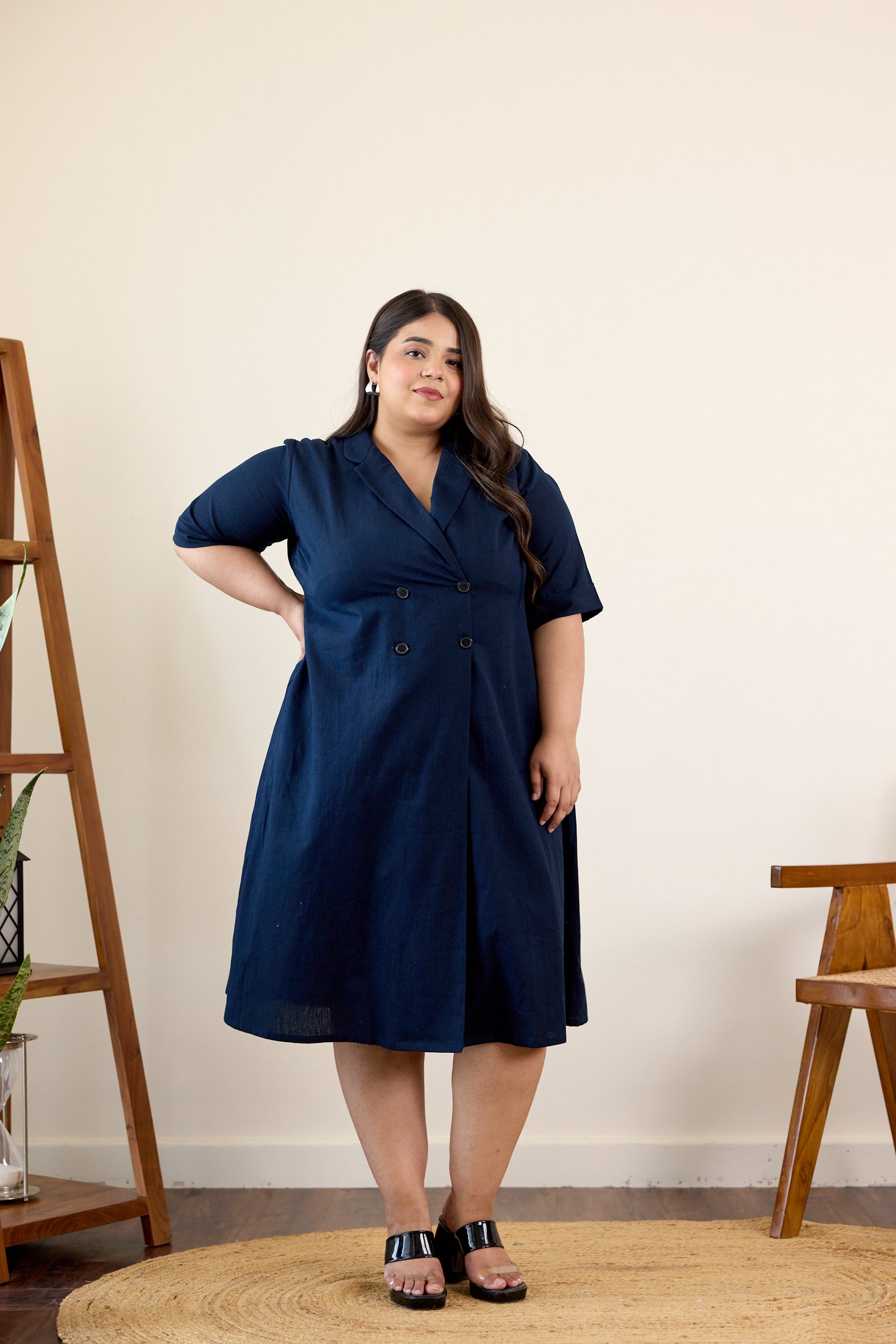 Women's Midnight Blue Button-Down Lapel Linen Jacket Dress - Nangalia Ruchira