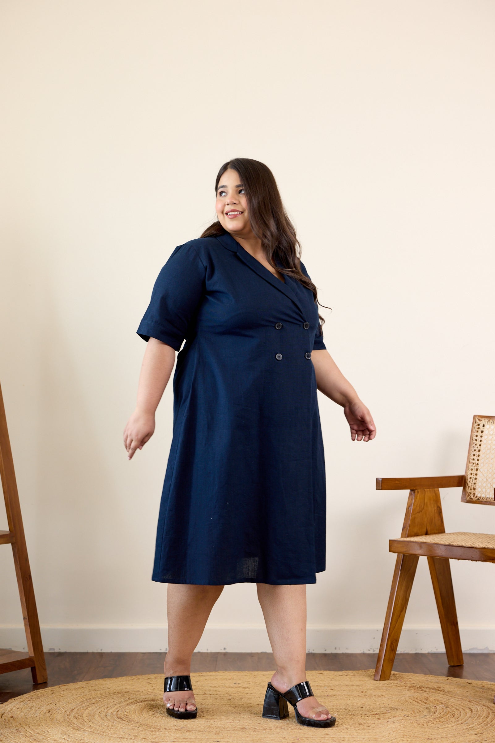 Women's Midnight Blue Button-Down Lapel Linen Jacket Dress - Nangalia Ruchira