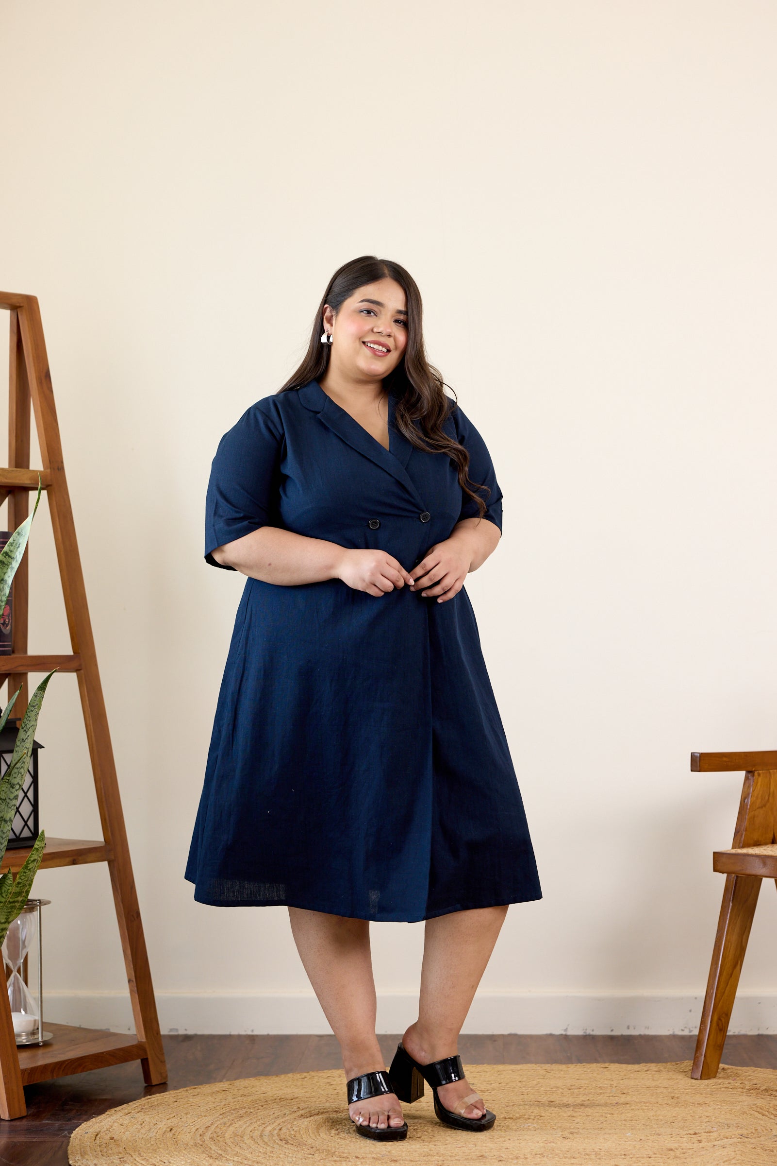Women's Midnight Blue Button-Down Lapel Linen Jacket Dress - Nangalia Ruchira