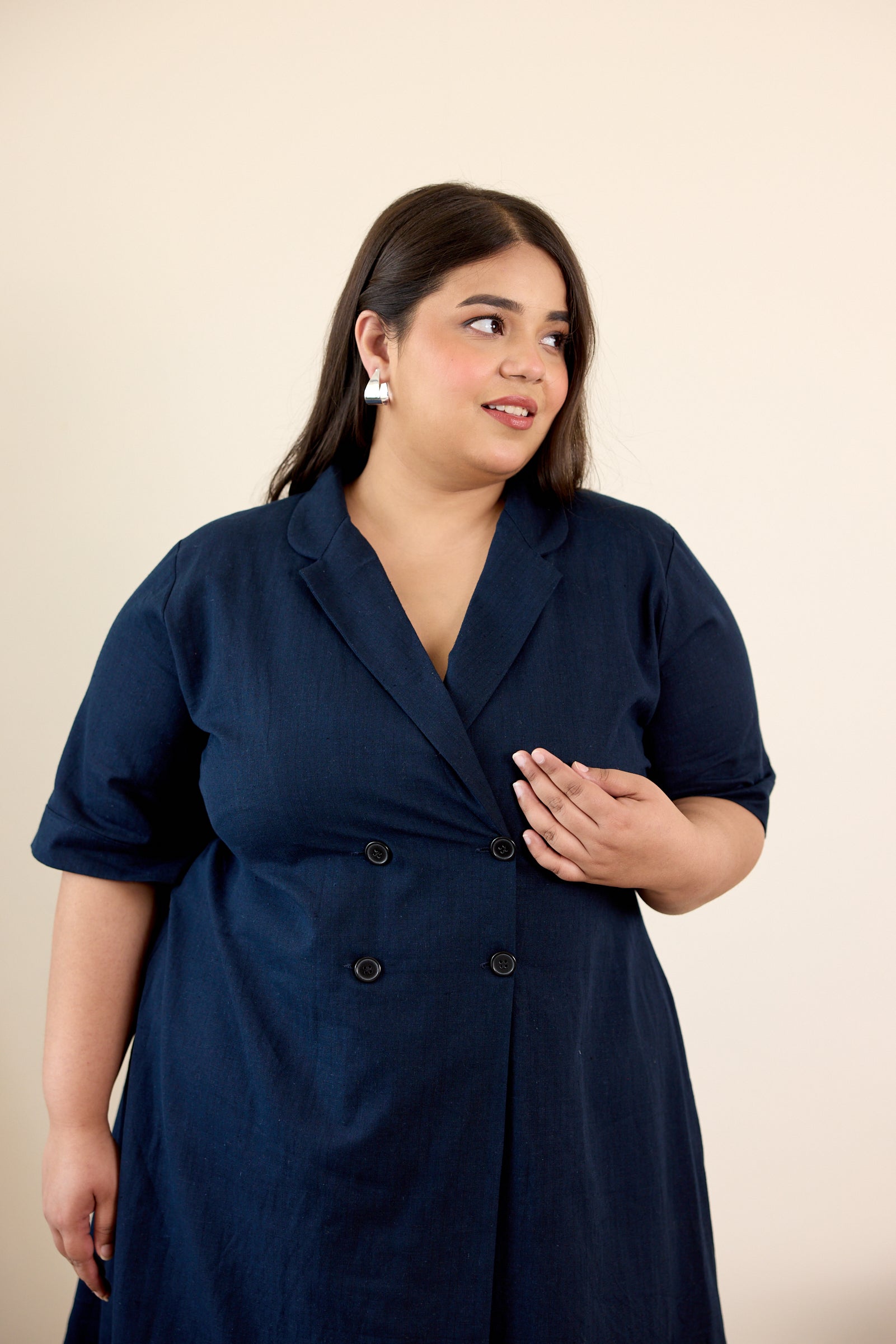 Women's Midnight Blue Button-Down Lapel Linen Jacket Dress - Nangalia Ruchira