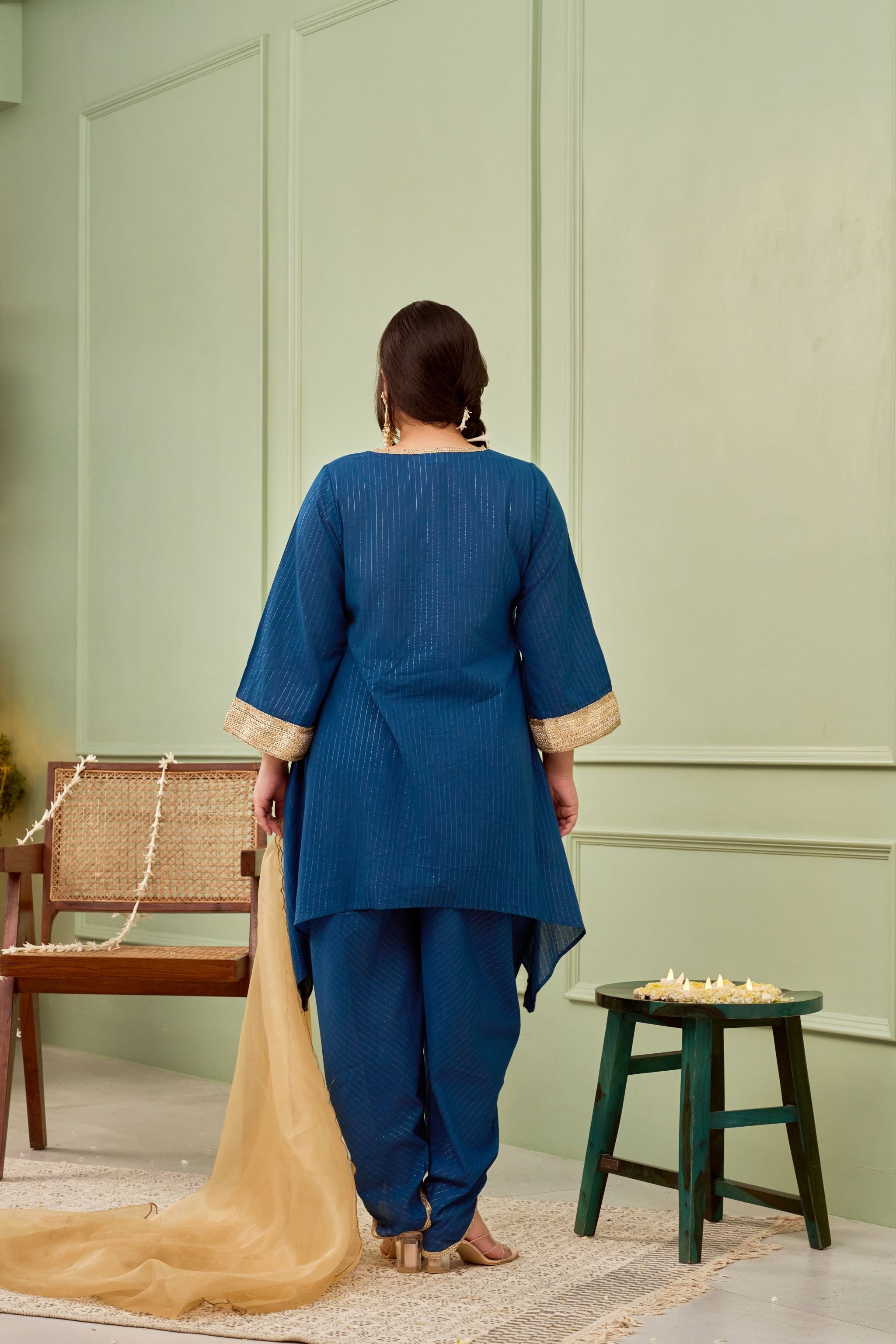 Women's Blue Tulip Cotton Dhoti Kurta Set - (Set Of 3) - Nangalia Ruchira