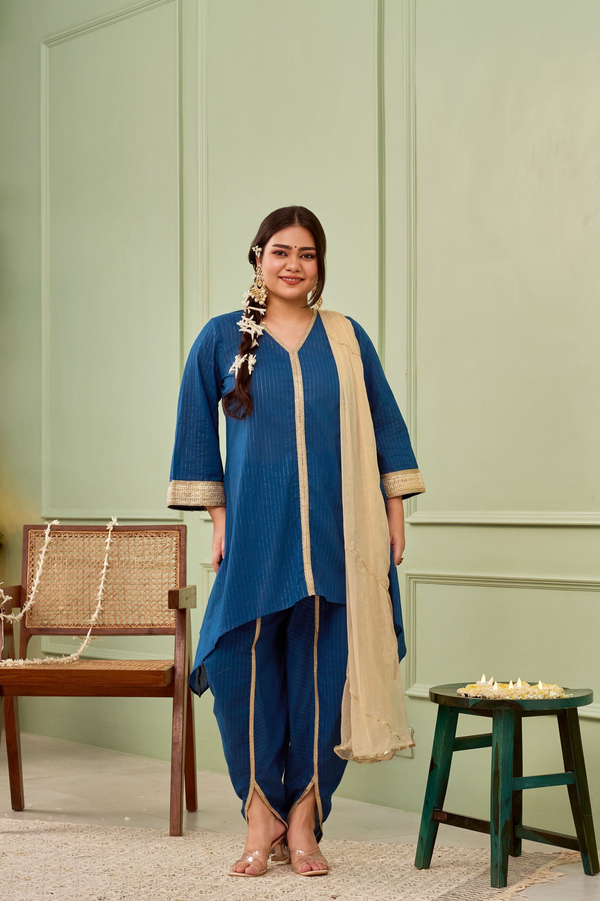 Women's Blue Tulip Cotton Dhoti Kurta Set - (Set Of 3) - Nangalia Ruchira