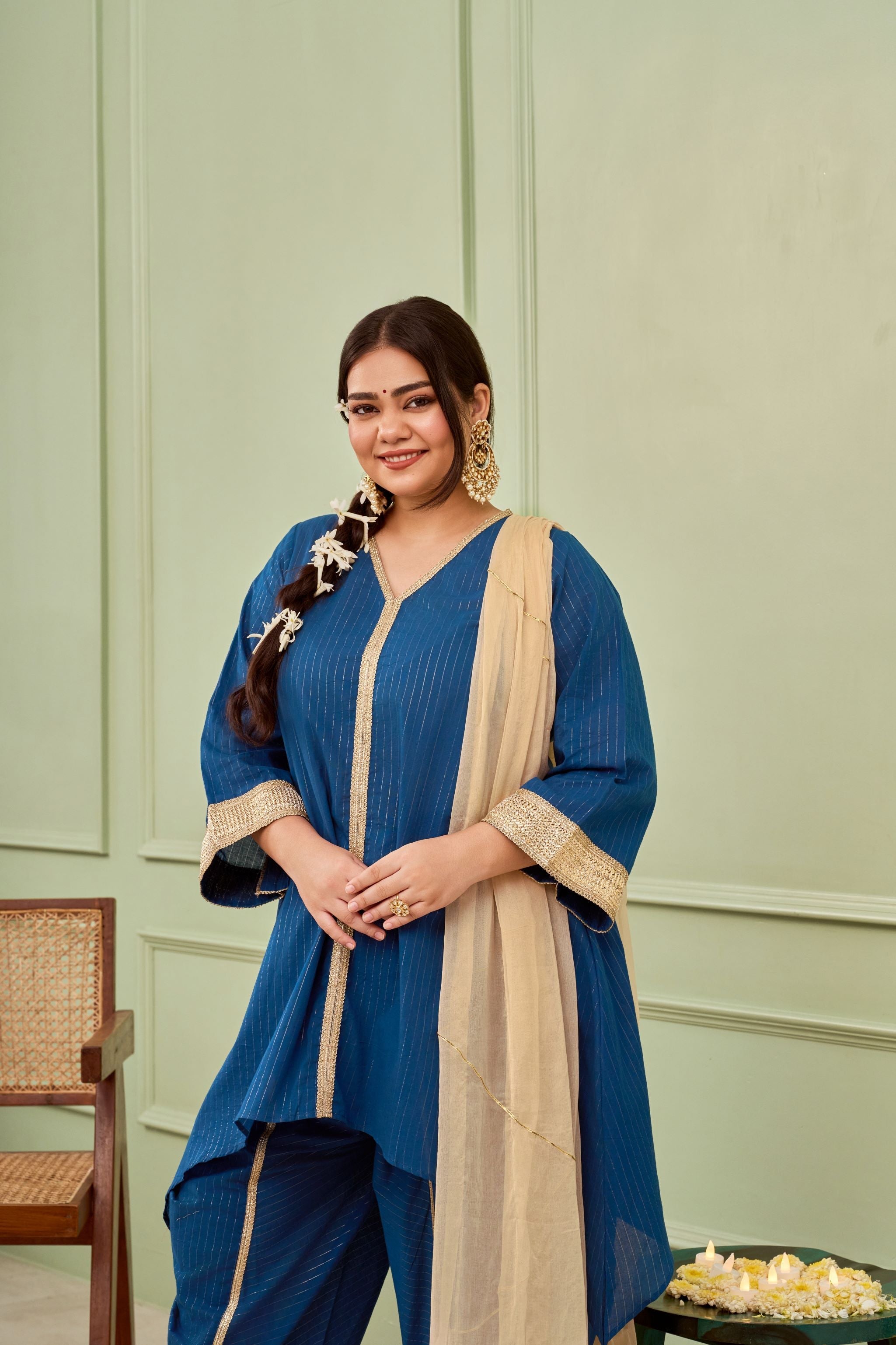 Women's Blue Tulip Cotton Dhoti Kurta Set - (Set Of 3) - Nangalia Ruchira