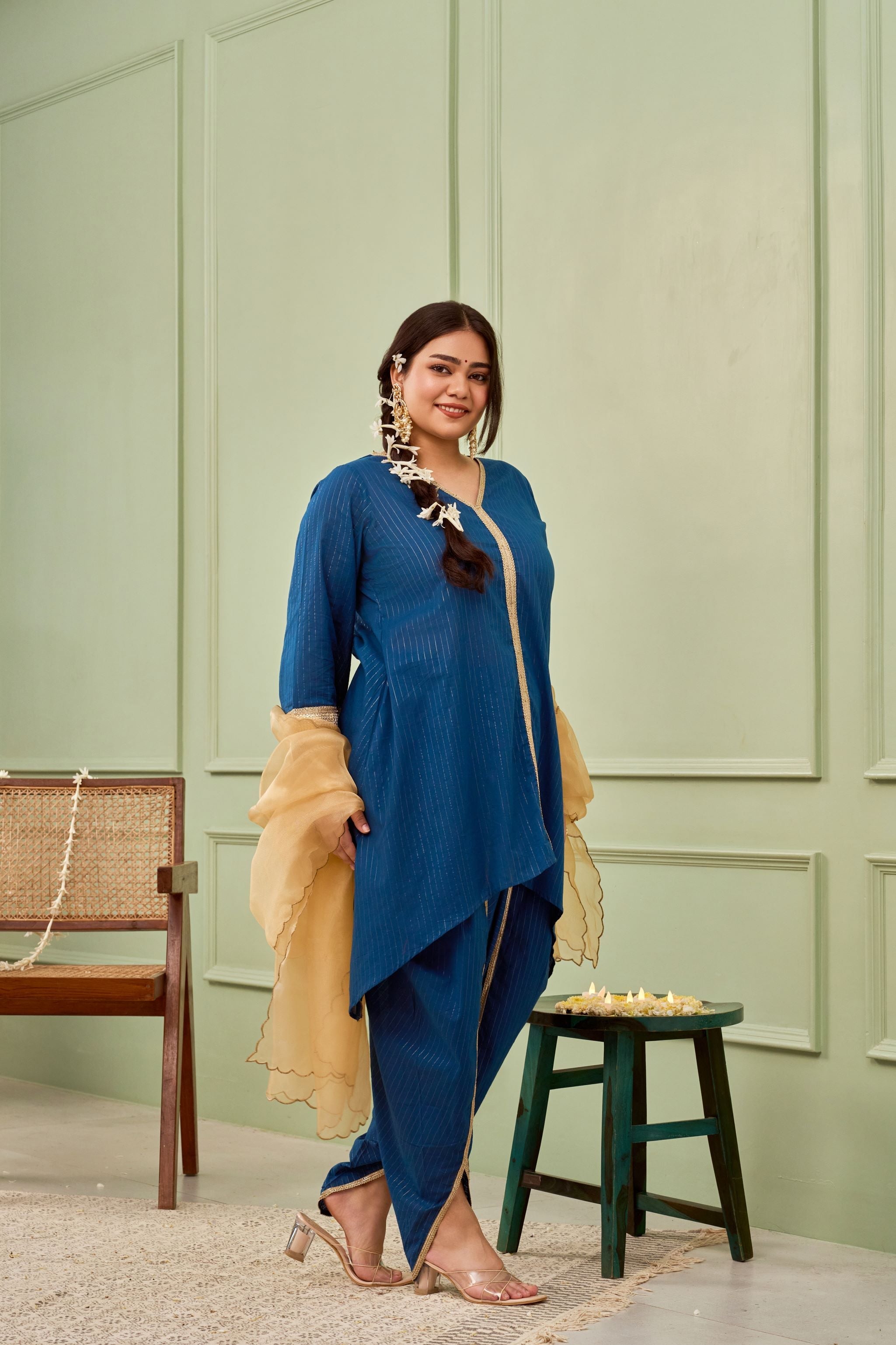 Women's Blue Tulip Cotton Dhoti Kurta Set - (Set Of 3) - Nangalia Ruchira
