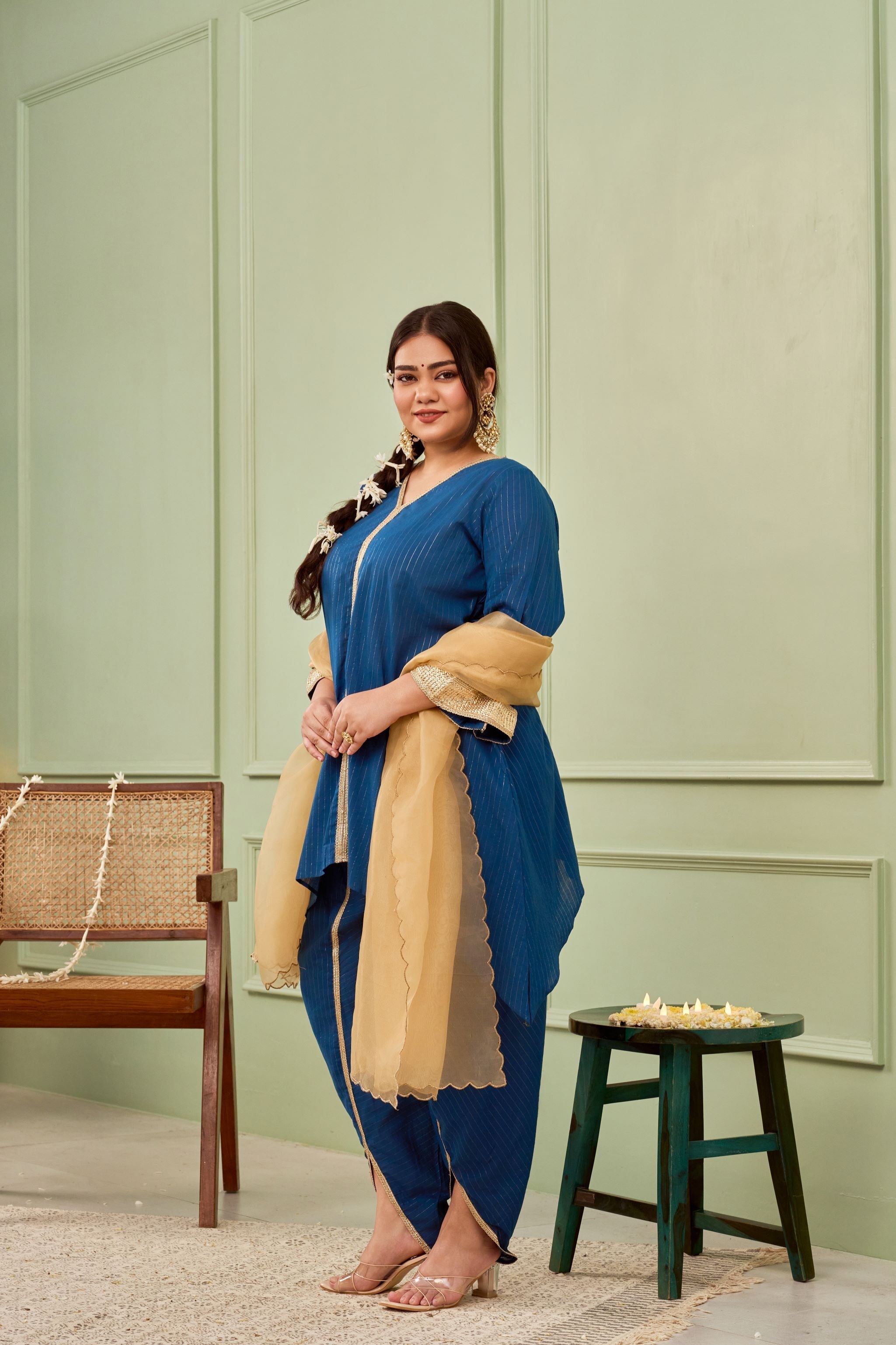 Women's Blue Tulip Cotton Dhoti Kurta Set - (Set Of 3) - Nangalia Ruchira
