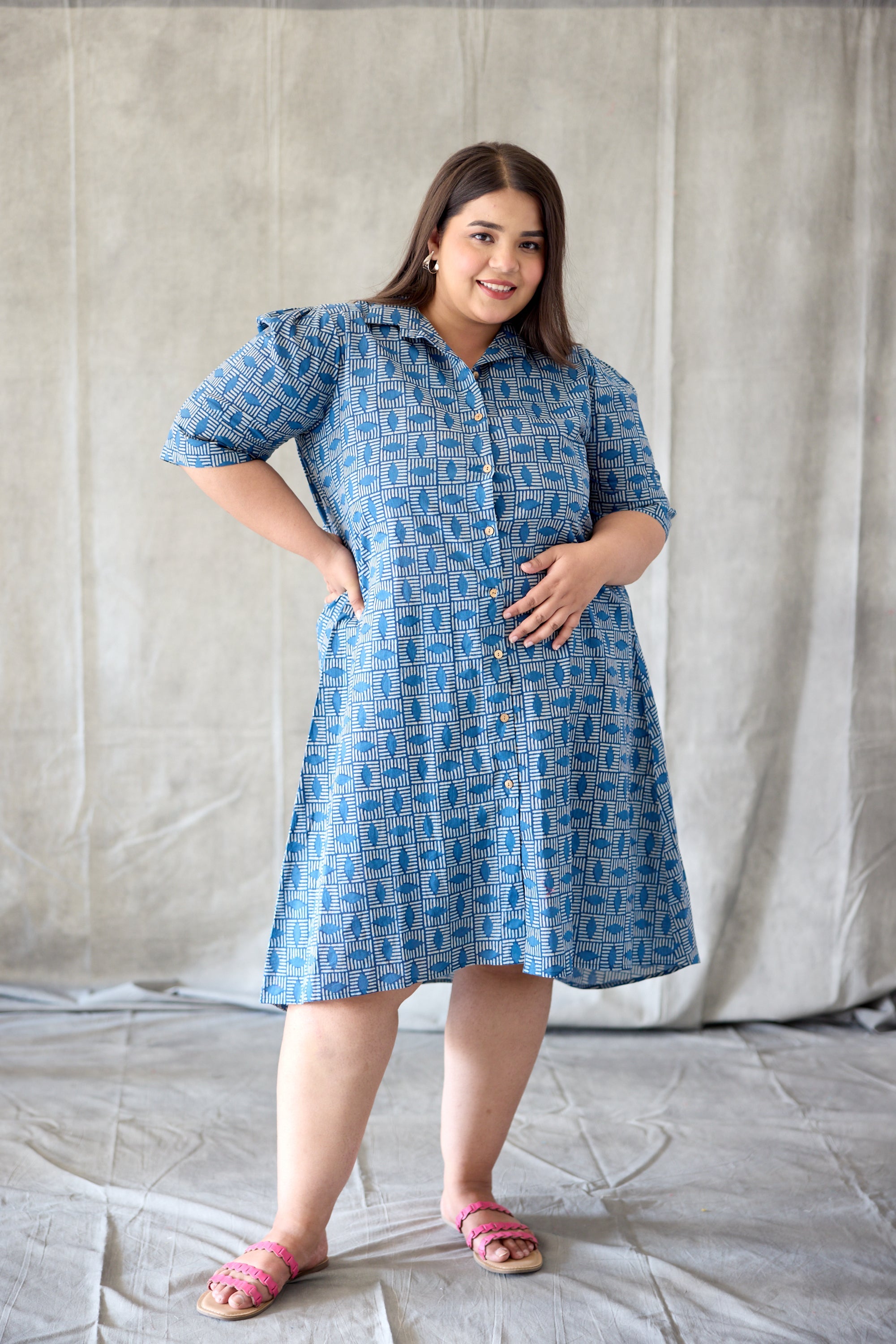 Women's Indigo Geometric Bagru Print Shirt Dress - Nangalia Ruchira