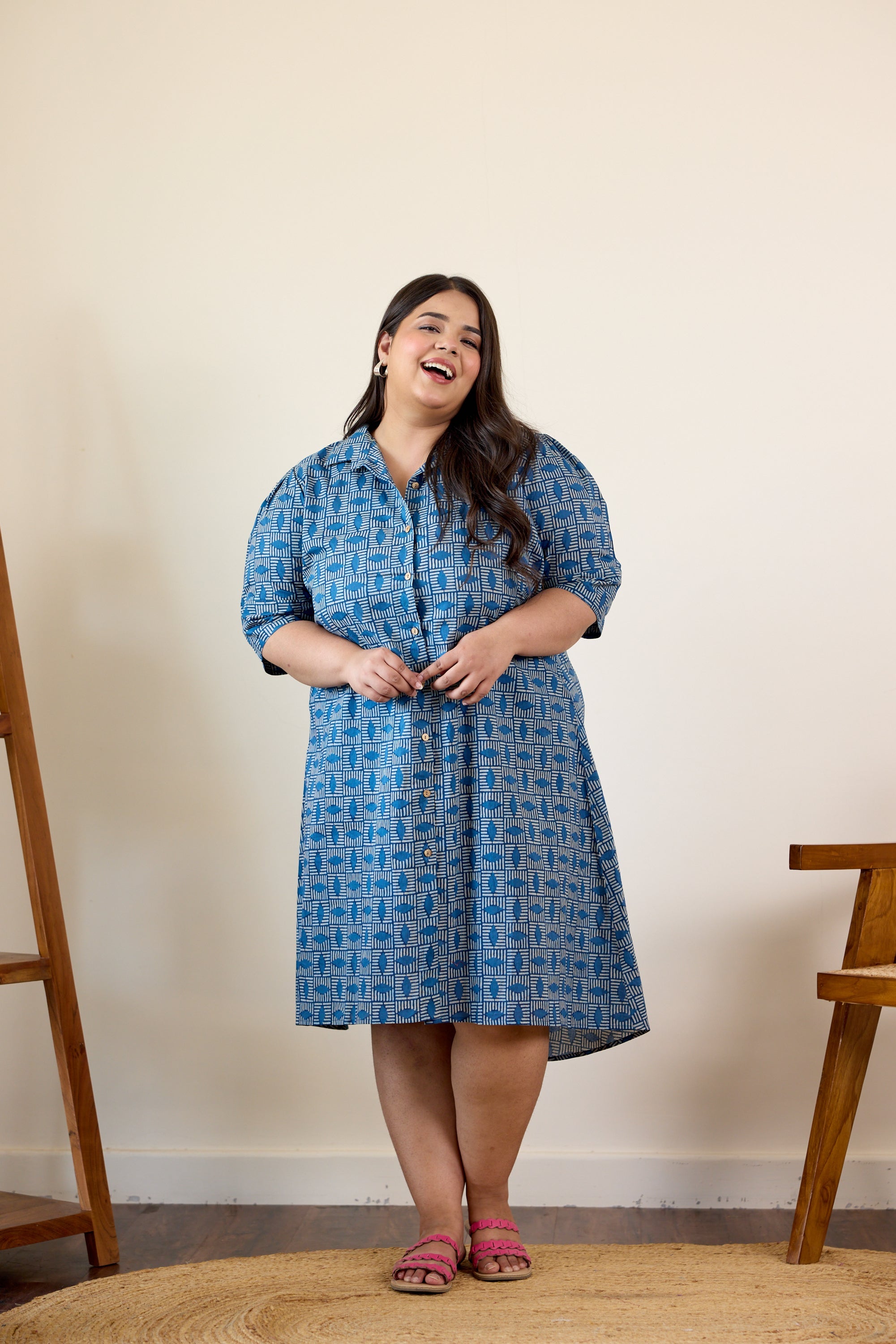 Women's Indigo Geometric Bagru Print Shirt Dress - Nangalia Ruchira