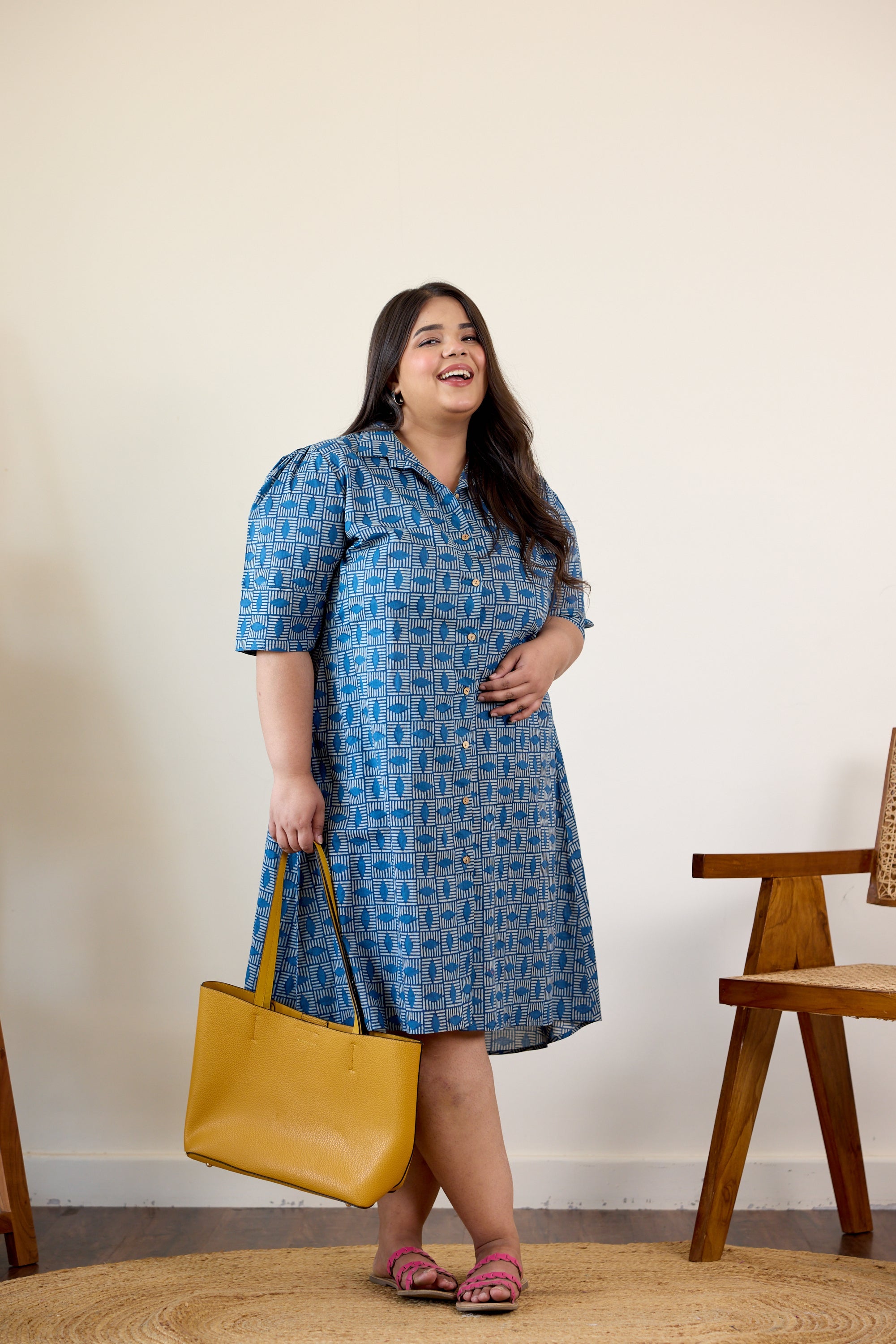 Women's Indigo Geometric Bagru Print Shirt Dress - Nangalia Ruchira