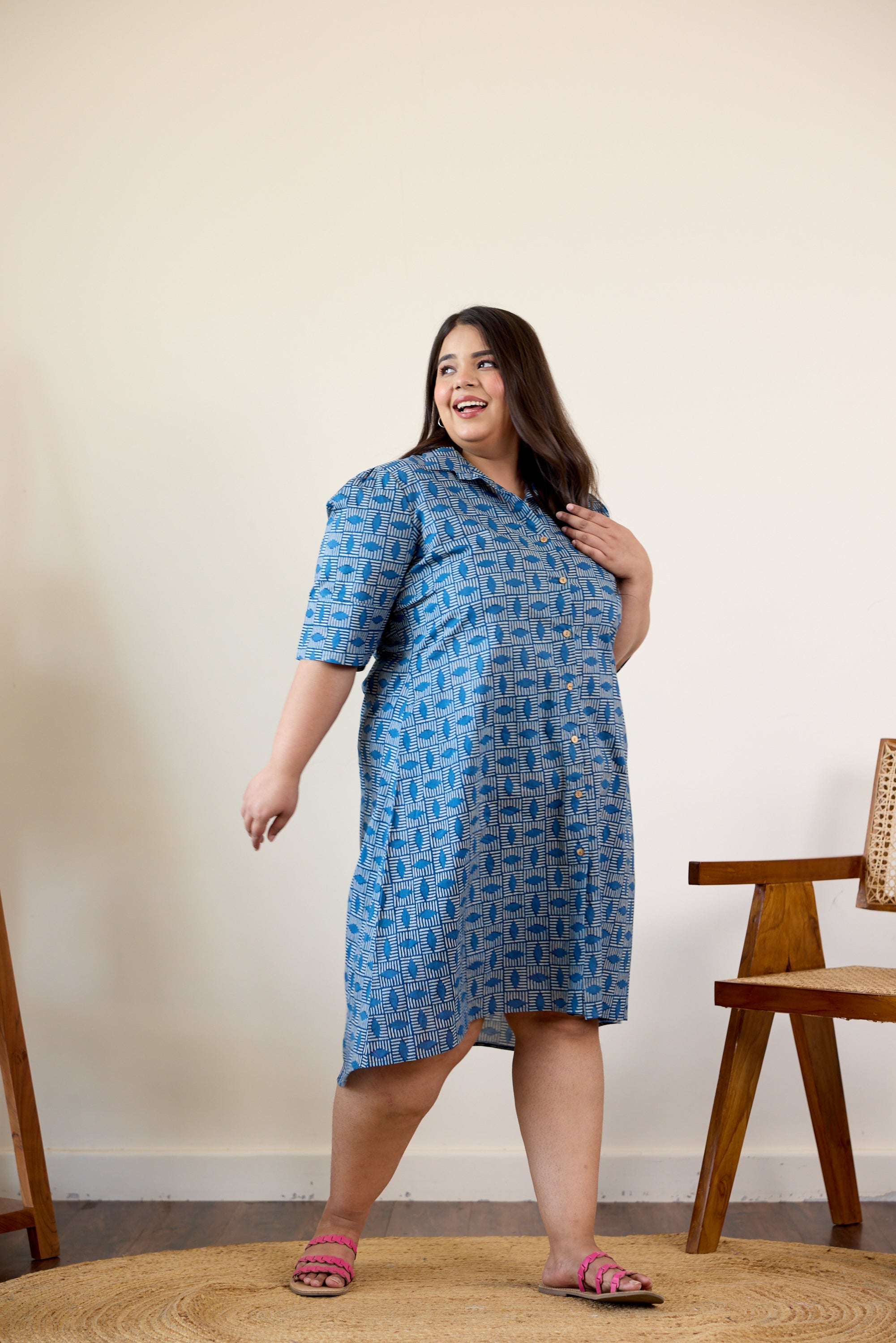 Women's Indigo Geometric Bagru Print Shirt Dress - Nangalia Ruchira
