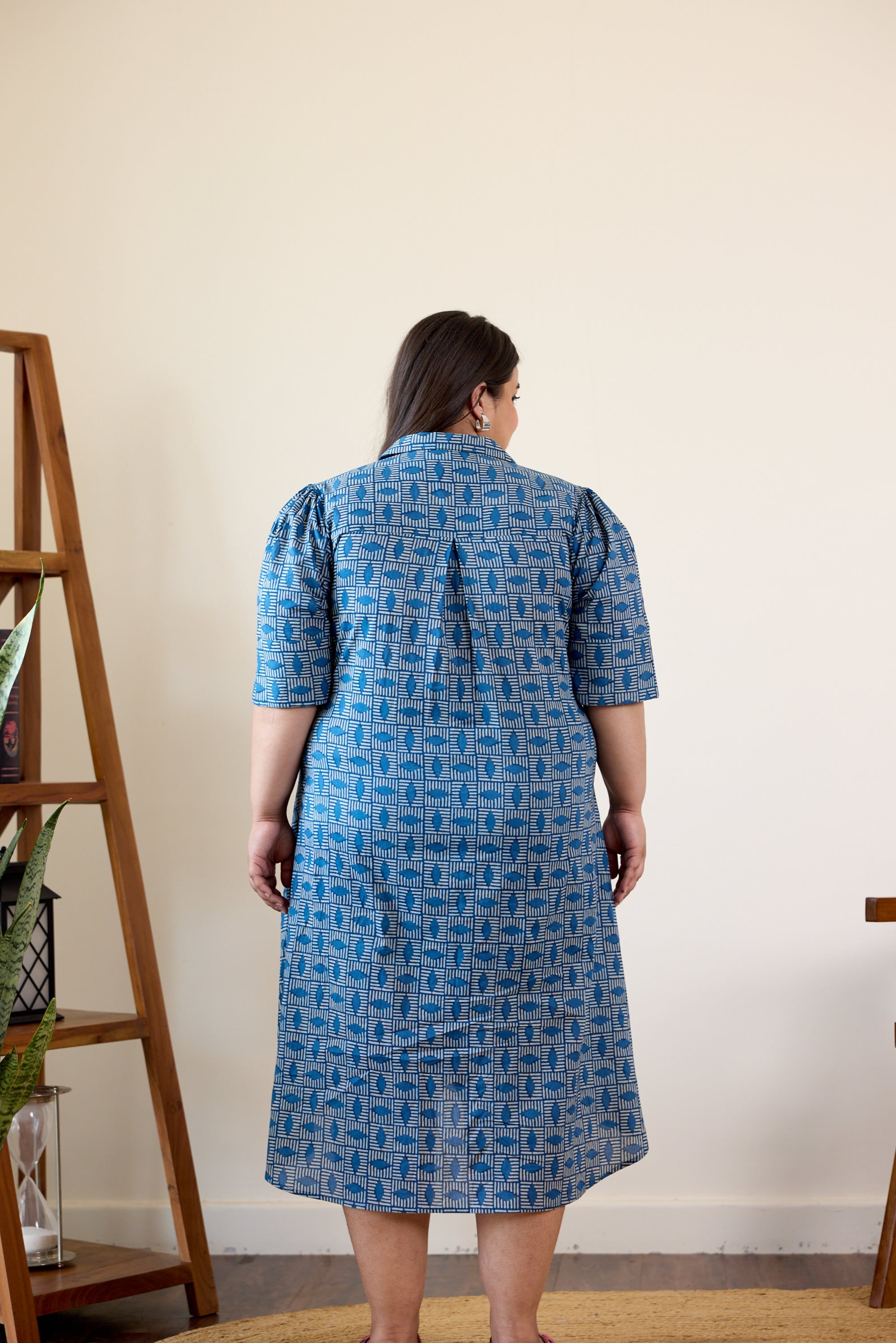 Women's Indigo Geometric Bagru Print Shirt Dress - Nangalia Ruchira